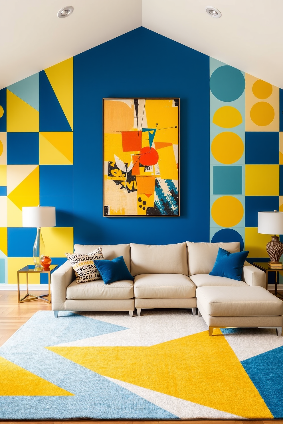 A living room featuring bold geometric patterns on the walls creates a contemporary flair. The color palette includes vibrant blues and yellows, with a large abstract artwork as the focal point. The walls are adorned with a mix of shapes such as triangles and circles, creating a dynamic visual interest. A sleek sectional sofa in a neutral tone complements the lively patterns, while a geometric area rug ties the space together.