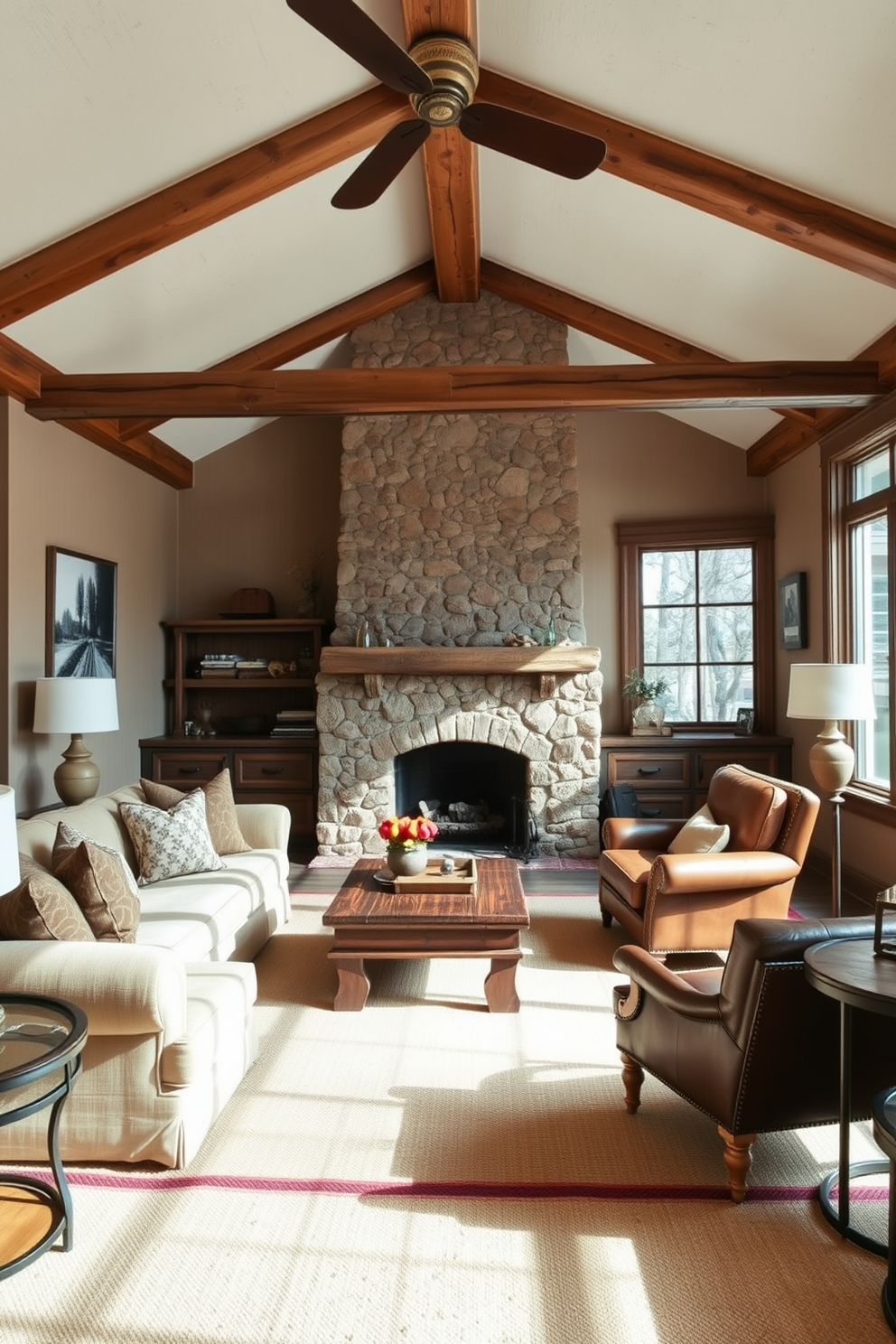 A warm taupe living room features rustic elements that create a cozy and inviting atmosphere. The walls are adorned with a textured finish that complements wooden beams and reclaimed wood accents throughout the space. The furniture includes a plush sectional sofa in a neutral tone paired with vintage leather armchairs. Natural light floods the room through large windows, highlighting a stone fireplace that serves as the focal point of the design.