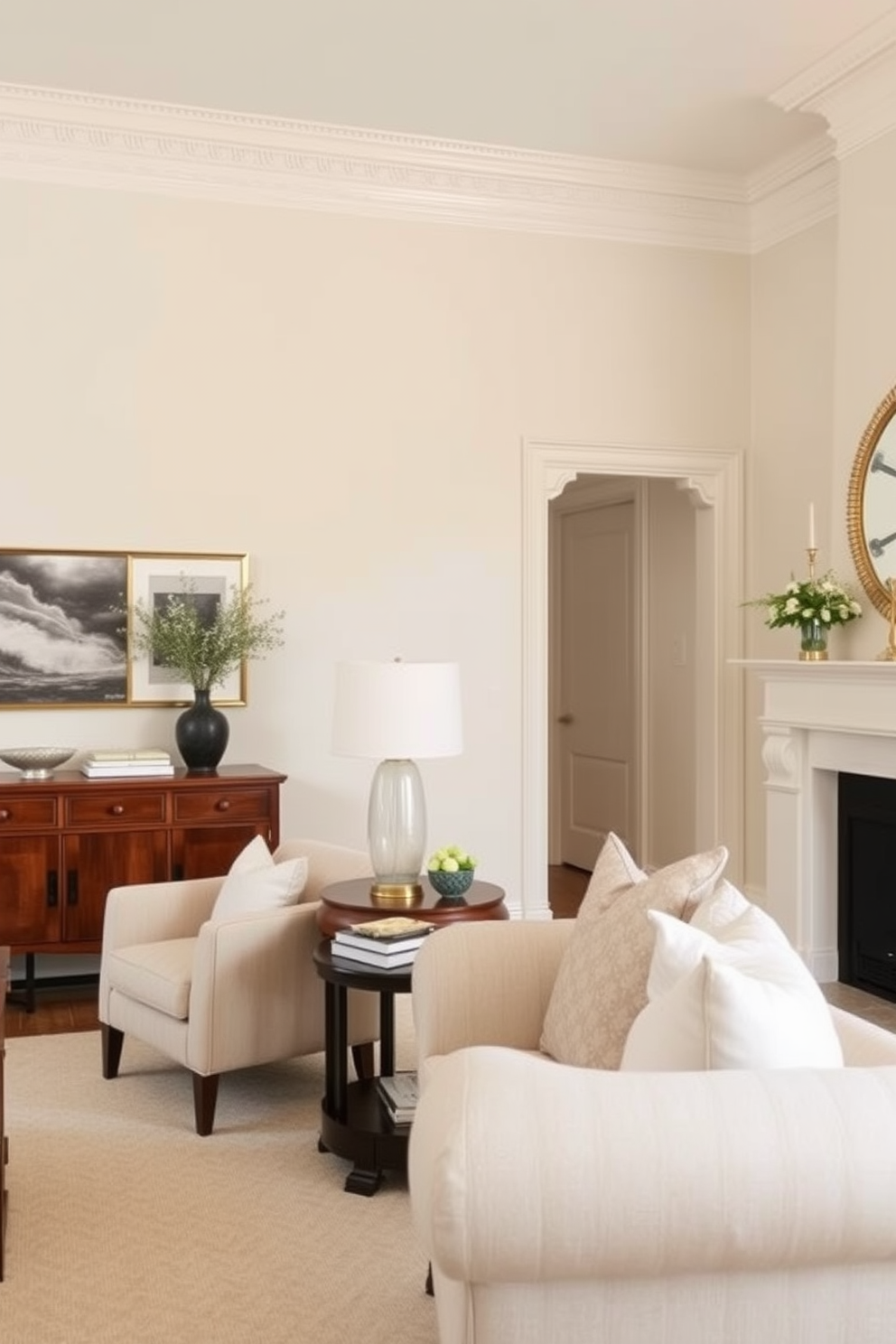 A creamy ivory wall creates a timeless elegance in the living room. The soft hue enhances natural light, making the space feel airy and inviting. Consider incorporating textured accents such as a subtle wallpaper or a matte finish to add depth. Complement the ivory with rich wood furniture and gold or brass fixtures for a sophisticated touch.