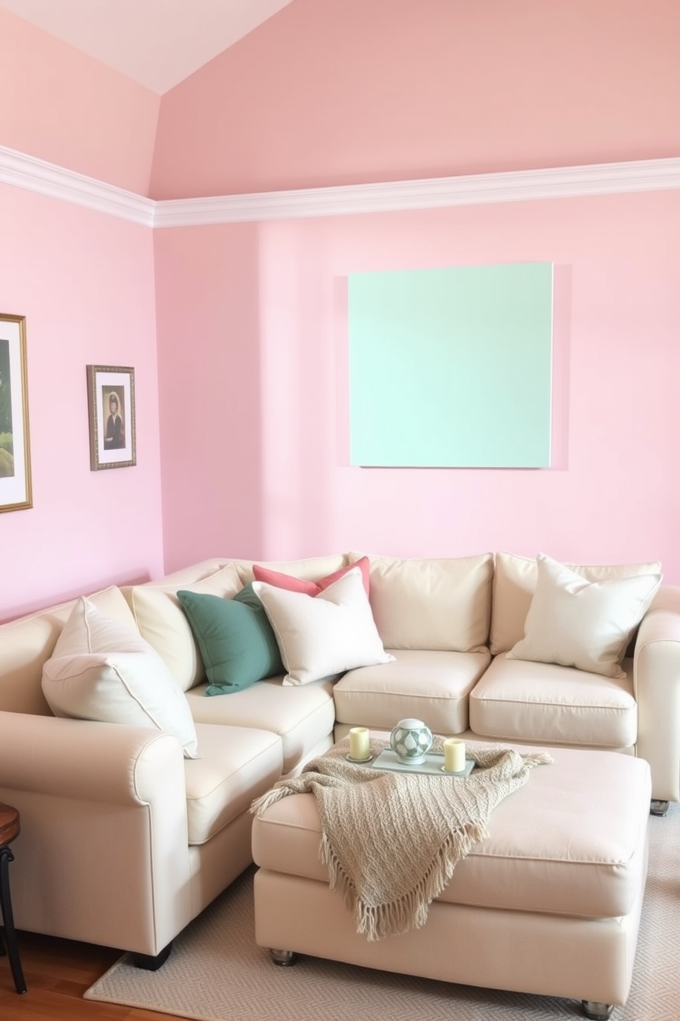 A living room filled with soft pastel hues creates a serene atmosphere. The walls are painted in a gentle blush pink, complemented by a light mint green accent wall. A cozy sectional sofa in a soft cream fabric invites relaxation. Decorative throw pillows in various pastel shades add a touch of warmth and comfort.