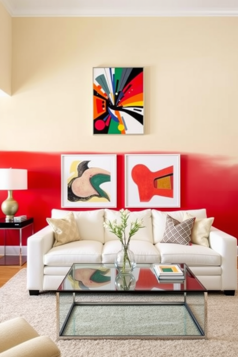 A bold red accent wall creates a vibrant focal point in the living room. The surrounding walls are painted in a soft cream to balance the intensity of the red and enhance the overall brightness of the space. Complement the red wall with contemporary artwork that features bold colors and dynamic shapes. Add a plush white sofa and a sleek glass coffee table to create a stylish contrast against the vibrant backdrop.