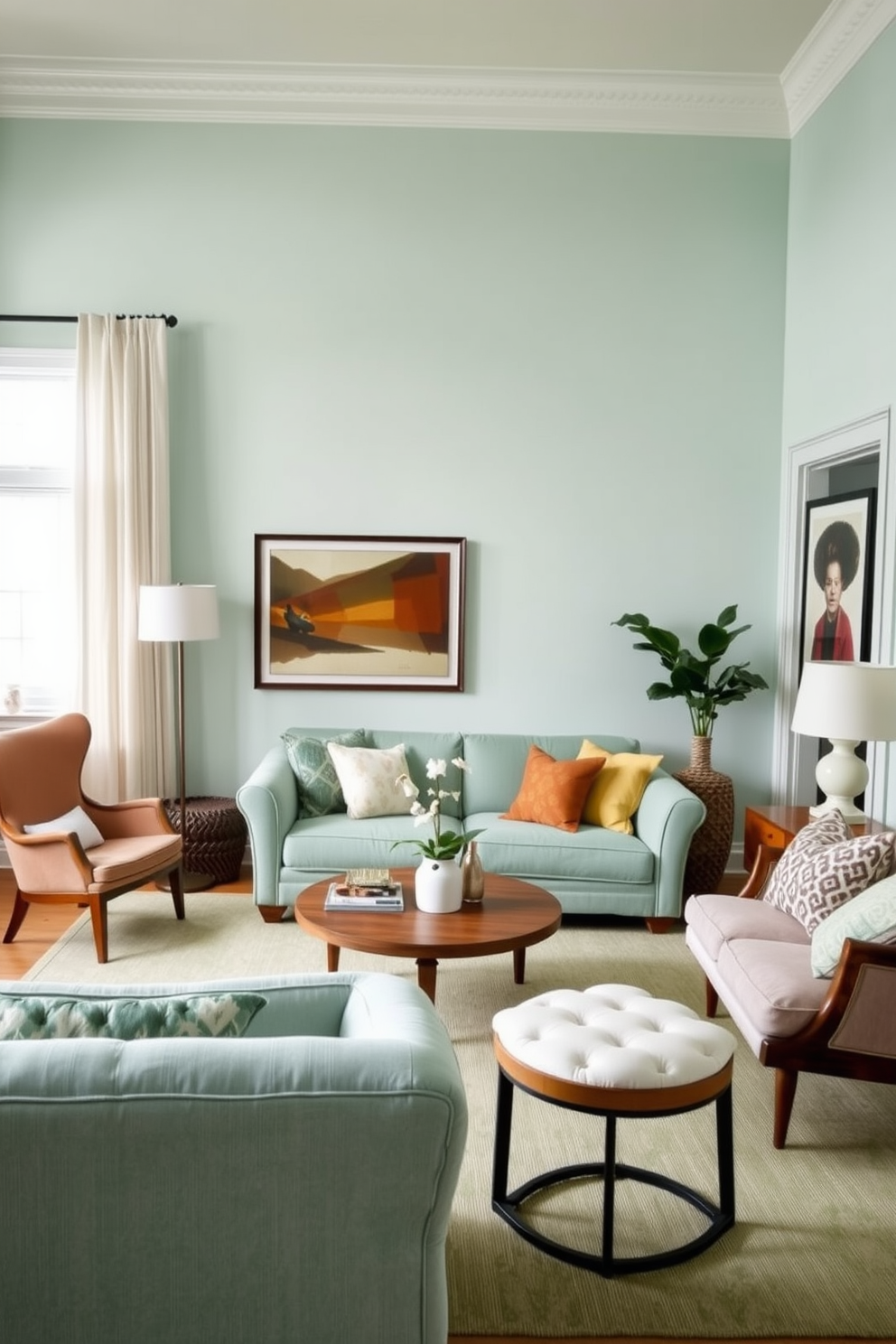 A light mint green living room with a cozy atmosphere. The walls are adorned with soft textures and subtle patterns that enhance the fresh look. Incorporate a mix of modern and vintage furniture pieces for an eclectic feel. A plush sofa in a complementary color is paired with stylish accent chairs and a wooden coffee table.