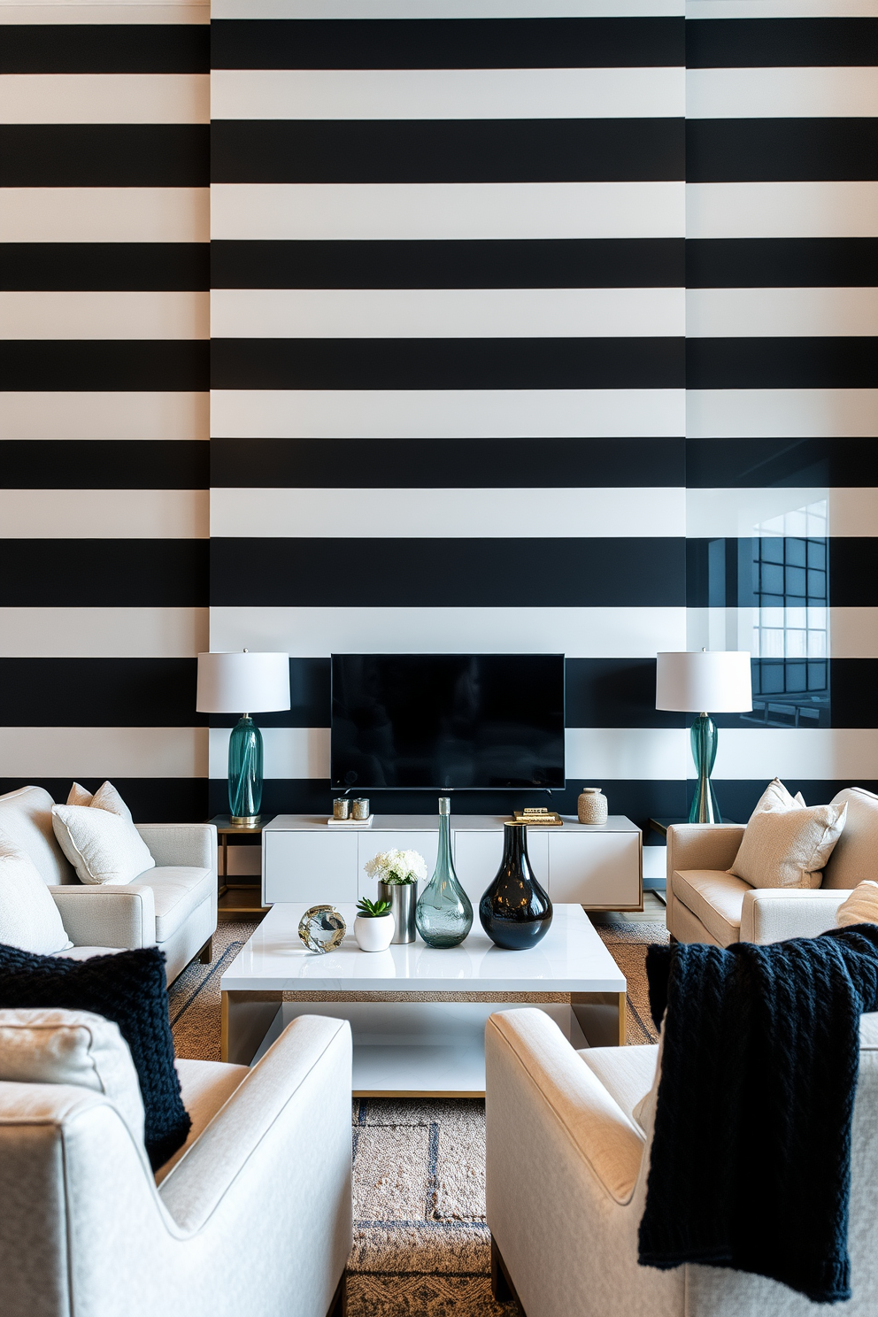 A living room featuring a sophisticated black and white striped wall design. The stripes alternate between matte black and glossy white, creating a striking visual contrast that enhances the room's elegance. Complementing the stripes, plush furniture in neutral tones is arranged to invite comfort and style. A sleek coffee table sits at the center, adorned with curated decor pieces that add a touch of personality.