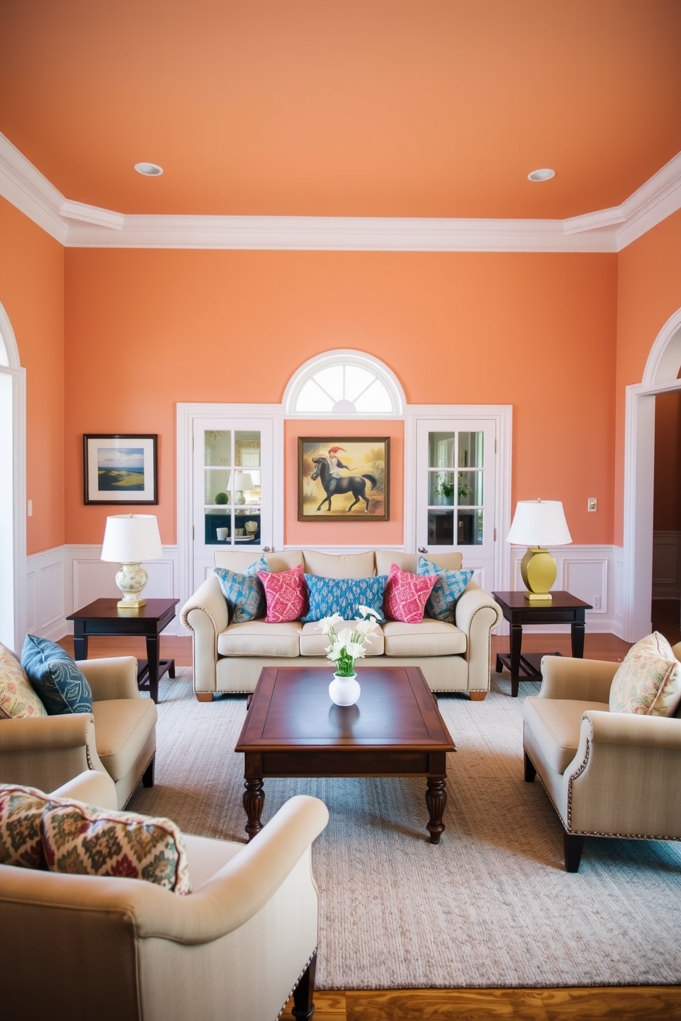 A warm peach living room creates a welcoming and inviting atmosphere. The walls are painted in a soft peach hue, complemented by white crown molding and baseboards. The furniture includes a plush beige sofa adorned with colorful throw pillows. A wooden coffee table sits in the center, surrounded by cozy armchairs that enhance the warmth of the space.