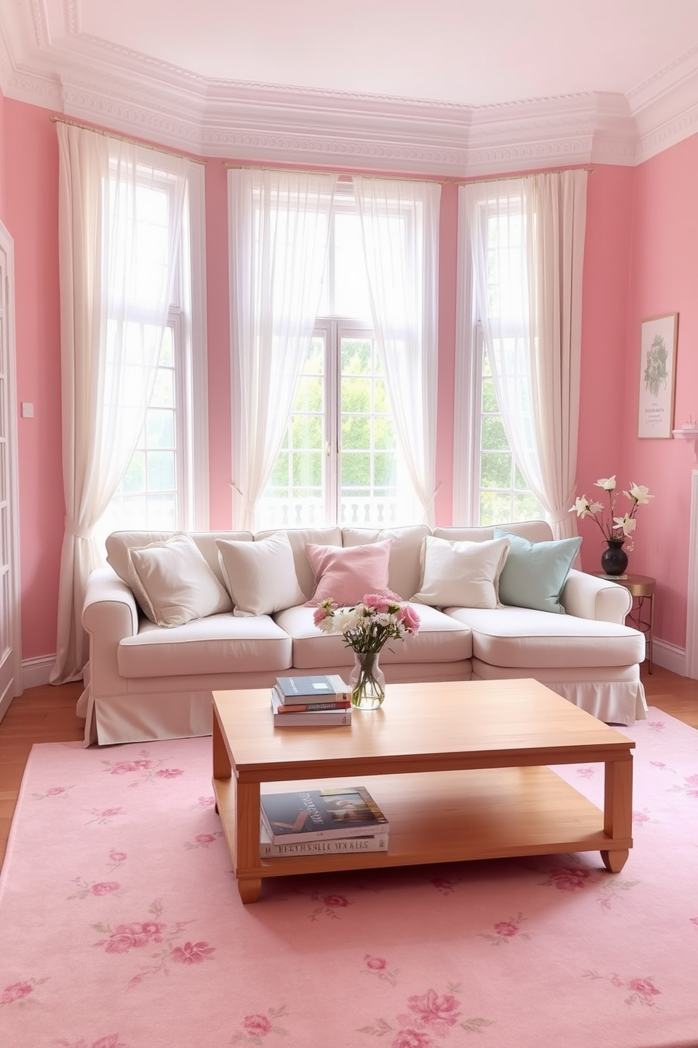 A cozy living room with pastel pink walls that create a soft romantic ambiance. The space features a plush cream sofa adorned with pastel-colored cushions and a delicate area rug with floral patterns. A stylish coffee table made of light wood sits in the center, topped with a few art books and a small vase of fresh flowers. Large windows draped with sheer white curtains allow natural light to fill the room, enhancing the warm and inviting atmosphere.