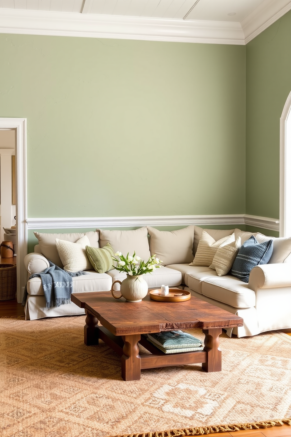 A living room bathed in sage green creates a cozy and inviting atmosphere. The walls are adorned with a subtle texture that enhances the warmth of the color, complemented by soft white trim. A plush sectional sofa in a light beige sits against the wall, adorned with an array of textured throw pillows. A rustic wooden coffee table anchors the space, surrounded by a handwoven area rug that adds depth and comfort.