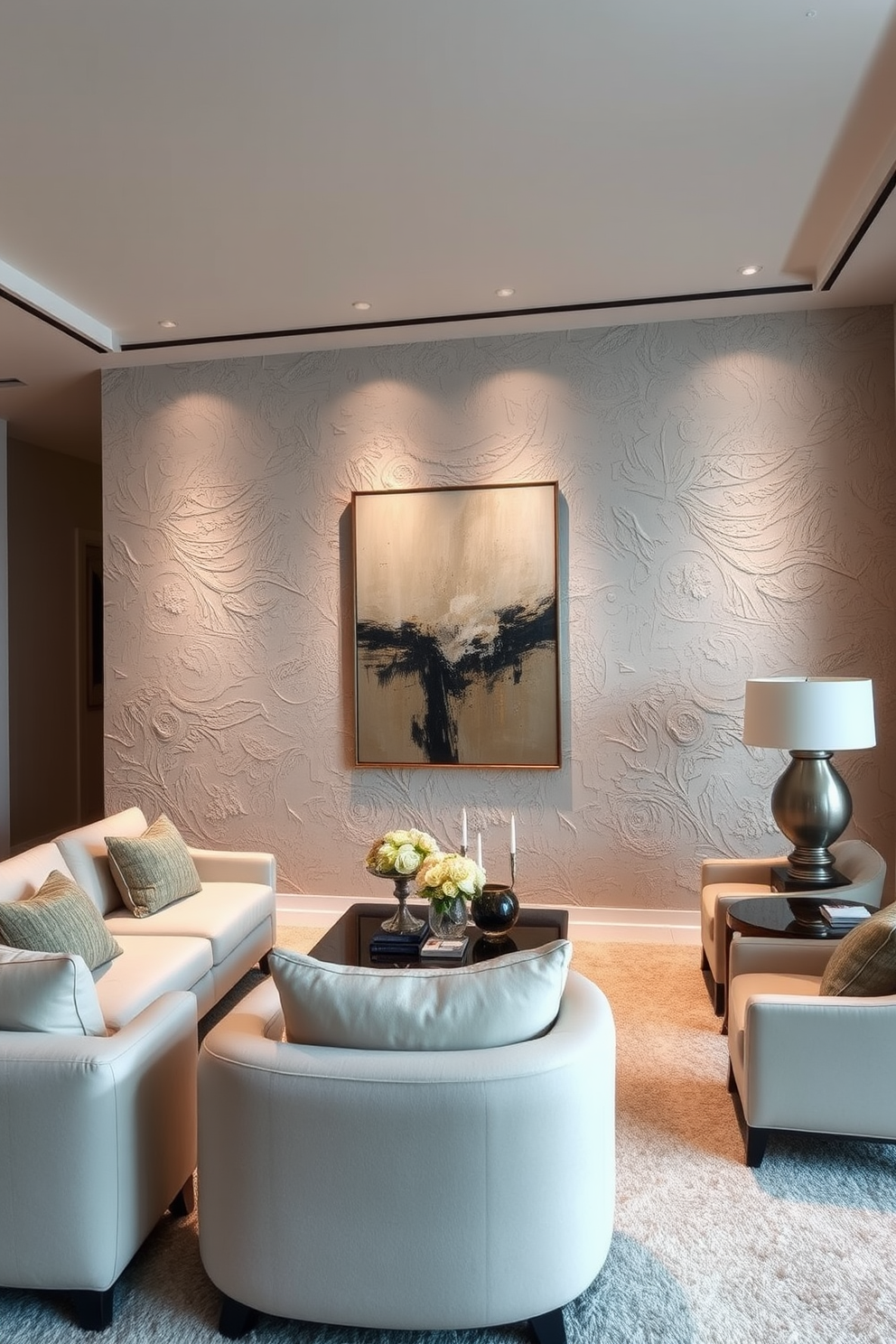 A living room featuring textured plaster walls that create a unique and modern finish. The color palette includes soft neutral tones that enhance the warmth of the space. Incorporate a statement piece of art that contrasts beautifully with the plaster texture. Complement the walls with elegant furniture that adds comfort and style to the room.