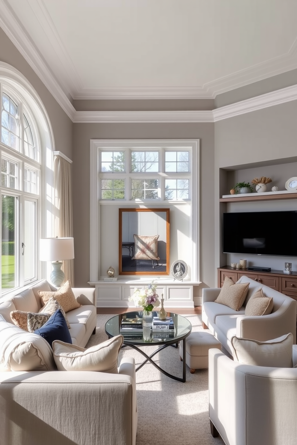 A light gray living room features white trim accents that enhance the overall elegance of the space. The walls are painted in a soft light gray, creating a serene backdrop for stylish decor. Large windows allow natural light to flood the room, highlighting the contrast between the gray walls and white trim. The trim is meticulously detailed, adding a touch of sophistication to the living area. Cozy furniture in complementary colors invites relaxation, while decorative elements like artwork and cushions bring personality to the design. The overall ambiance is inviting and modern, perfect for both entertaining and unwinding.