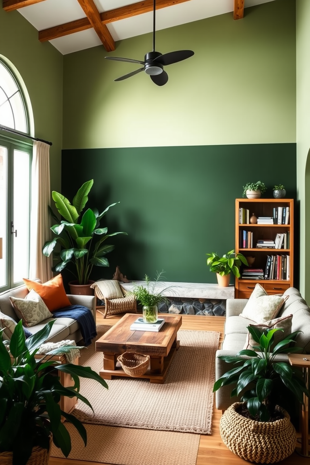 A living room filled with earthy greens creates a natural and calming atmosphere. The walls are painted in a soft sage green, complemented by a deep forest green accent wall that adds depth to the space. To enhance the natural feel, incorporate wooden elements such as a reclaimed wood coffee table and bookshelves. Large potted plants in the corners bring life and freshness, while natural fiber rugs add warmth underfoot.