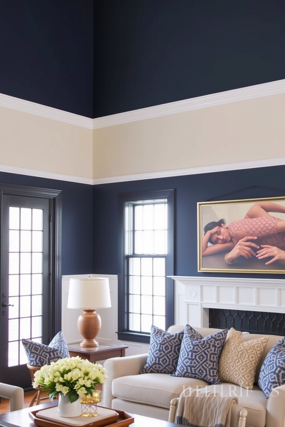 Two-tone walls with contrasting colors create a striking visual impact in the living room. The upper section features a soft cream hue while the lower section showcases a deep navy blue, enhancing the room's elegance. Consider incorporating a decorative chair rail to separate the two tones, adding a classic touch to the design. Accent pieces in complementary colors, such as throw pillows and artwork, can further unify the space.