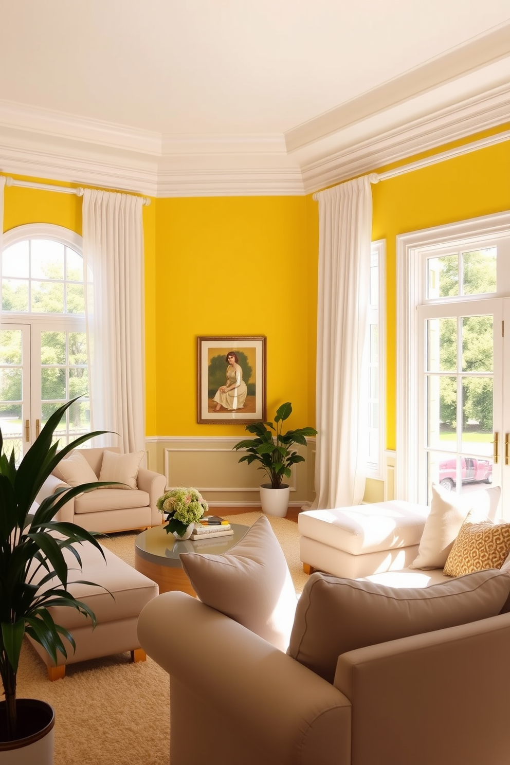 A bright yellow living room filled with natural light creates a cheerful atmosphere. The walls are painted in a vibrant shade of yellow, complemented by white crown molding and baseboards. Soft, plush furniture in neutral tones contrasts beautifully with the bold wall color. Large windows dressed with sheer white curtains allow sunlight to flood the room, enhancing the joyful ambiance.