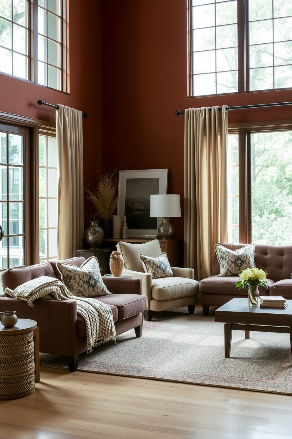 A living room featuring muted terracotta walls that exude warmth and style. The space is adorned with a combination of textured fabrics and natural materials, creating a cozy and inviting atmosphere. Large windows allow natural light to flood the room, highlighting the rich tones of the terracotta paint. Complementary decor elements, such as soft beige curtains and wooden furniture, enhance the overall aesthetic of the living room.