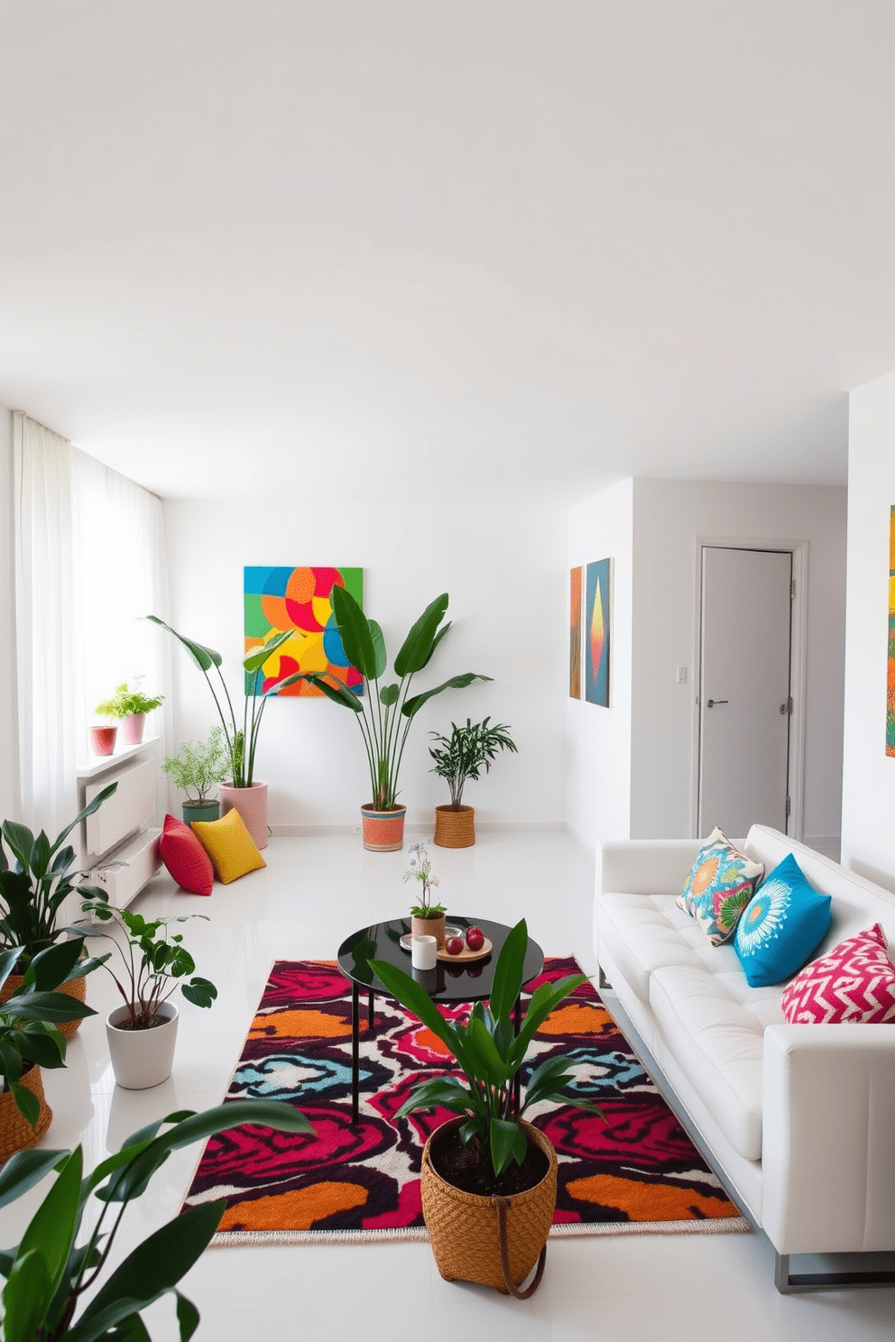 Bright white walls create a fresh and airy atmosphere in this modern apartment. Colorful accents in the form of vibrant artwork and decorative cushions add personality and warmth to the space. The open-plan living area features a sleek, minimalist sofa paired with a bold, patterned rug. Potted plants are strategically placed to enhance the lively ambiance and bring a touch of nature indoors.