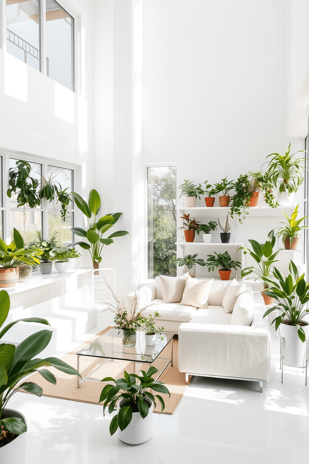 A bright and airy living space featuring a white color palette with large windows that allow natural light to flood in. Indoor plants are strategically placed throughout the room, adding vibrant green hues and a touch of nature to the minimalist decor. The open-plan layout includes a cozy seating area with a sleek white sofa and a glass coffee table. Shelves adorned with various potted plants create a seamless blend of indoor greenery and modern design.