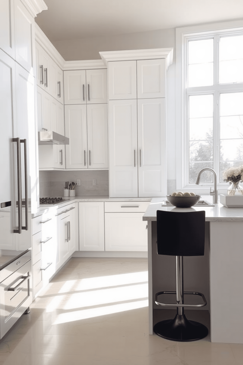 Crisp white cabinetry in the kitchen creates a fresh and airy atmosphere. The cabinetry features sleek handles and is complemented by a light marble countertop and a stylish backsplash. Large windows allow natural light to flood the space, enhancing the bright aesthetic. A central island with bar stools provides a functional area for cooking and casual dining.