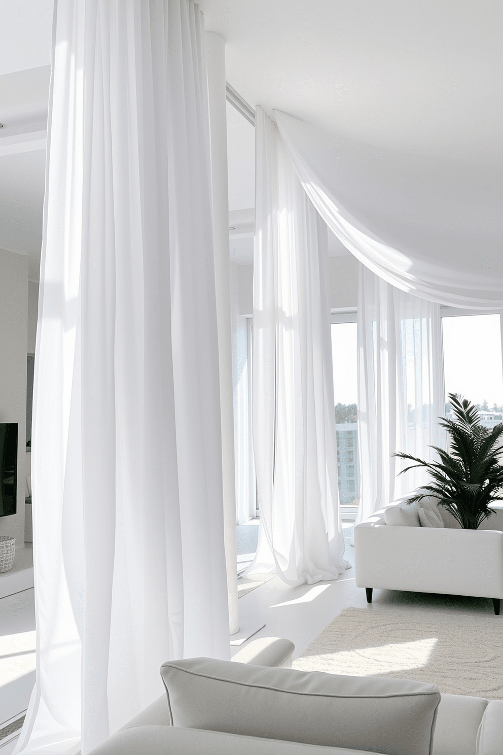 Elegant white curtains drape gracefully from ceiling to floor, allowing natural light to filter through and create an airy atmosphere. The soft fabric gently billows with the breeze, enhancing the serene ambiance of the space. The white apartment features a minimalist design with sleek furniture and open spaces that promote a sense of tranquility. Accents of greenery and subtle textures add warmth and character to the overall aesthetic.