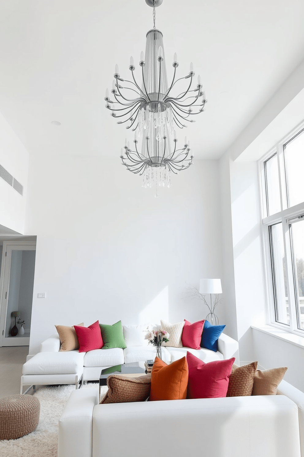 A bright and airy living room featuring statement lighting fixtures that draw the eye. The walls are painted in crisp white, and large windows allow natural light to flood the space. The room includes a sleek white sofa adorned with colorful throw pillows. A striking chandelier hangs from the ceiling, adding a touch of elegance to the minimalist decor.