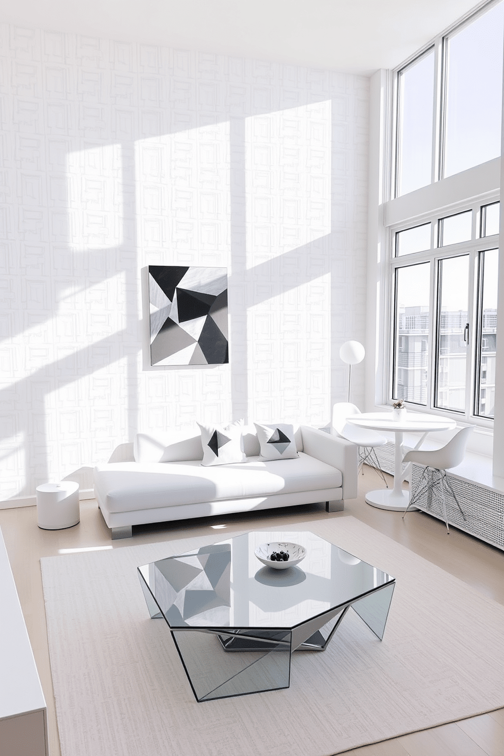 A bright and airy apartment features white walls adorned with geometric patterns that create a modern and sophisticated atmosphere. Large windows allow natural light to flood the space, highlighting the clean lines of minimalist furniture and decor. The living area showcases a sleek white sofa with geometric throw pillows, complemented by a glass coffee table with a unique angular design. In the dining nook, a round white table is surrounded by chairs with subtle geometric accents, enhancing the overall aesthetic of the apartment.