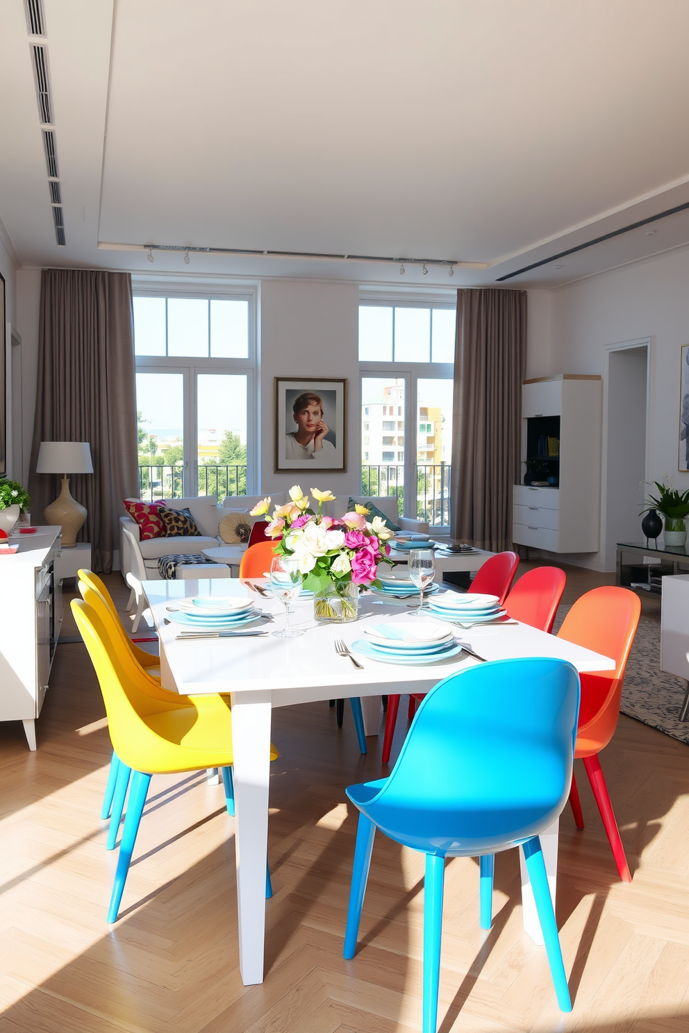 A white dining table is surrounded by vibrant chairs in shades of blue, yellow, and red. The table is set with elegant dinnerware and a centerpiece of fresh flowers, enhancing the lively atmosphere. The apartment features an open layout with large windows allowing natural light to flood the space. Soft pastel accents and modern art pieces create a harmonious balance, making the area feel both inviting and stylish.