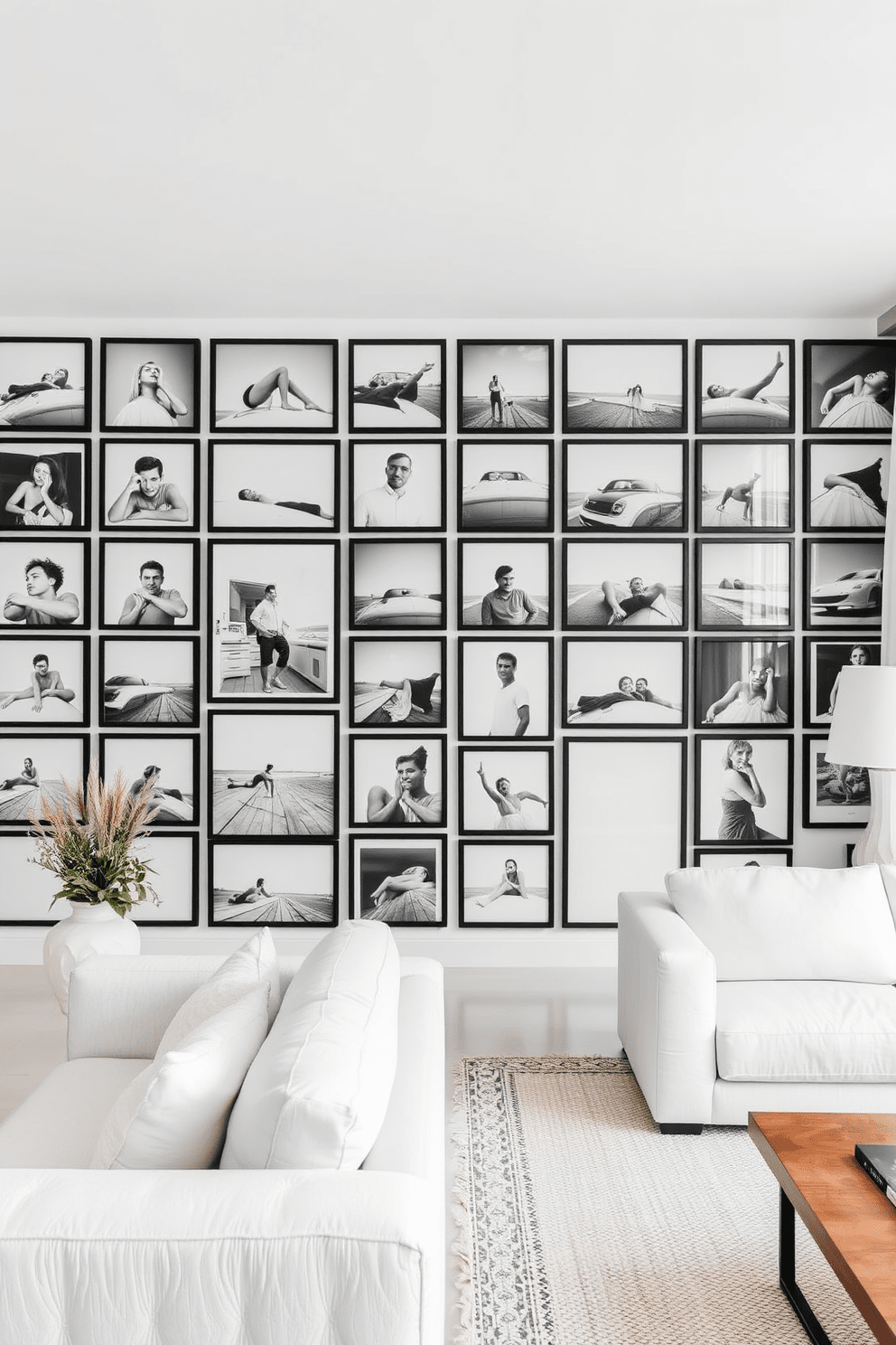 A gallery wall features an array of black and white photos in various sizes, creating a striking visual impact. The photos are framed in sleek black frames and arranged in a cohesive yet eclectic layout. The white apartment design is characterized by minimalist furniture and open spaces that enhance the feeling of light and airiness. Soft textures and subtle decor elements complement the clean lines, creating a serene and inviting atmosphere.