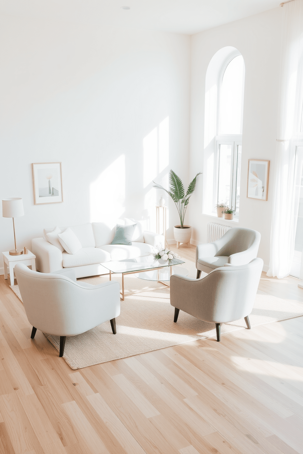 A serene living space featuring white furniture that complements the soft neutral tones of the walls. The room is filled with natural light, highlighting a cozy seating area with a plush white sofa and a light beige rug underneath. In one corner, a minimalist coffee table sits atop the rug, surrounded by elegantly designed accent chairs in soft gray. The decor includes subtle artwork on the walls and a few potted plants, adding a touch of greenery to the tranquil atmosphere.