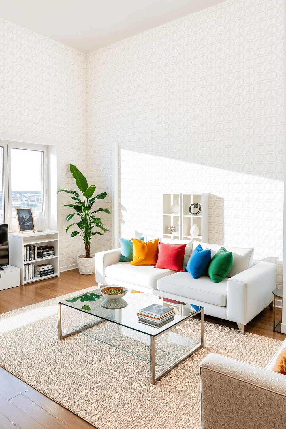 A bright and airy living room featuring textured white wallpaper that adds depth to the space. The room is furnished with a sleek white sofa adorned with colorful throw pillows and a glass coffee table that reflects natural light. In one corner, a tall indoor plant brings a touch of greenery, while a minimalist bookshelf showcases curated decor items. Large windows allow sunlight to flood the room, enhancing the serene atmosphere of this modern apartment design.