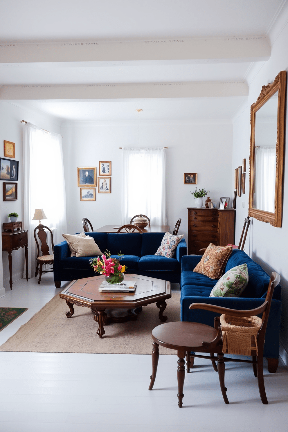 A stylish living room featuring vintage furniture pieces set against crisp white walls. A plush velvet sofa in deep blue is complemented by an ornate wooden coffee table and a collection of eclectic art pieces hung above. A cozy dining area with a rustic wooden table surrounded by mismatched vintage chairs. A large, framed mirror hangs on the wall, reflecting the natural light from a nearby window adorned with sheer white curtains.