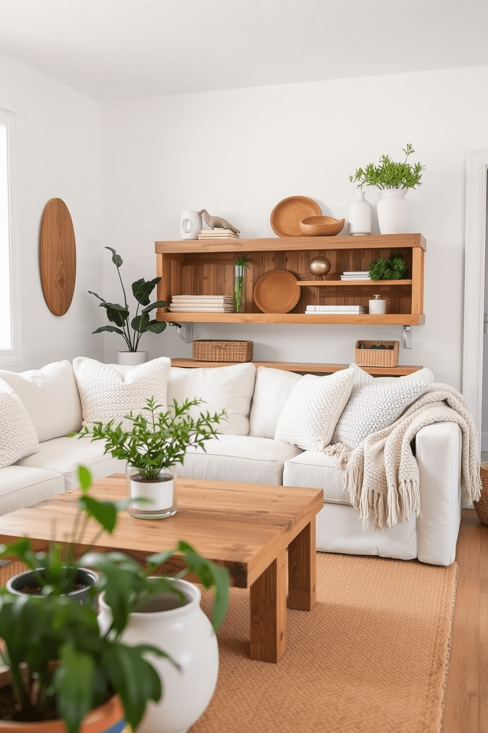 Layered textures create a warm and inviting atmosphere in cozy white spaces. Soft white walls are complemented by a plush cream sofa adorned with textured throw pillows and a knitted blanket. Natural wood accents, such as a reclaimed wood coffee table and open shelving, add depth and warmth to the design. A woven area rug underfoot enhances the layered look, while potted greenery brings life to the serene environment.