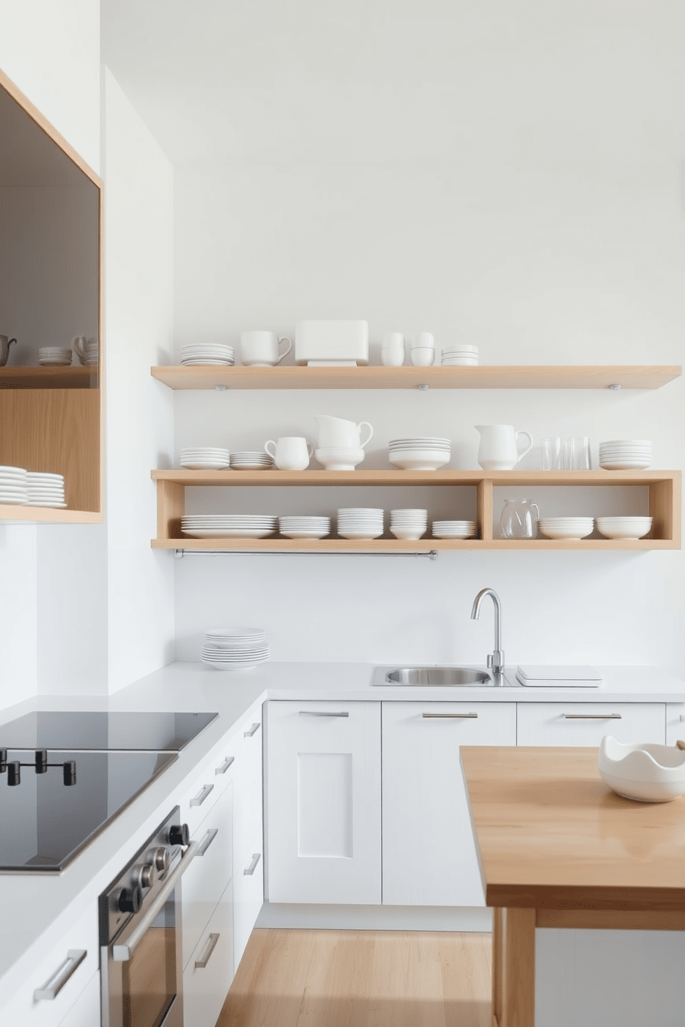 A bright and airy kitchen featuring open shelving that showcases an array of white dishware. The shelves are made of light wood, creating a warm contrast against the sleek white walls of the apartment.