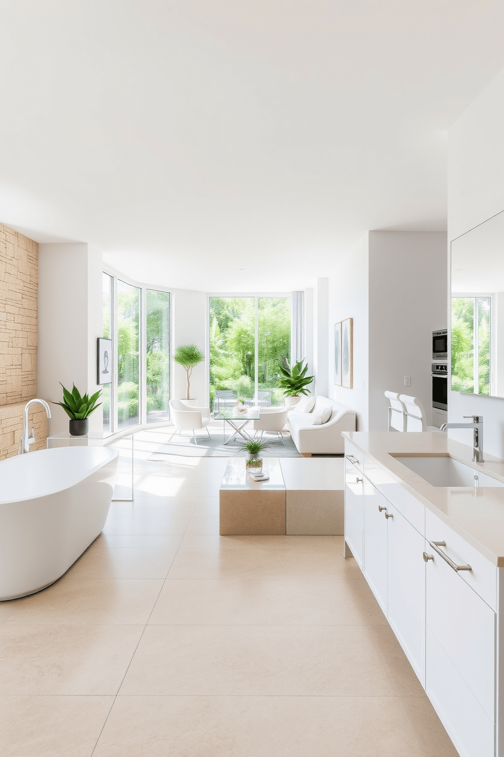 A serene white bathroom featuring natural stone accents. The walls are a crisp white, complemented by a textured stone feature wall behind the freestanding soaking tub. The floor is adorned with large format natural stone tiles in soft beige tones. A sleek double vanity with white cabinetry and a polished stone countertop provides ample storage and elegance. Bright, airy lighting illuminates the space, highlighting the clean lines and minimalist decor. A large window allows natural light to flood in, offering a view of lush greenery outside. --- A contemporary white apartment designed with open spaces and modern finishes. The living area features a spacious layout with a plush white sectional sofa and a glass coffee table. The kitchen boasts sleek white cabinetry with stainless steel appliances, creating a seamless look. A dining area with a minimalist table and stylish chairs enhances the modern aesthetic. Large windows provide an abundance of natural light, making the space feel warm and inviting. Thoughtful decor elements, such as abstract art and decorative plants, add character without overwhelming the design.