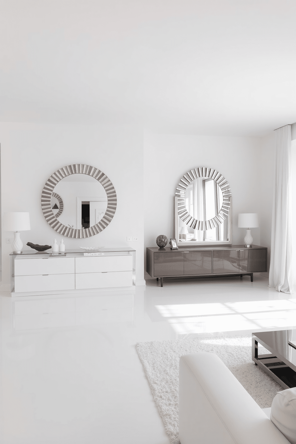 Artistic mirrors are strategically placed to enhance light reflections throughout the space. The white apartment features an open layout with sleek furniture and minimalistic decor that complements the bright atmosphere.