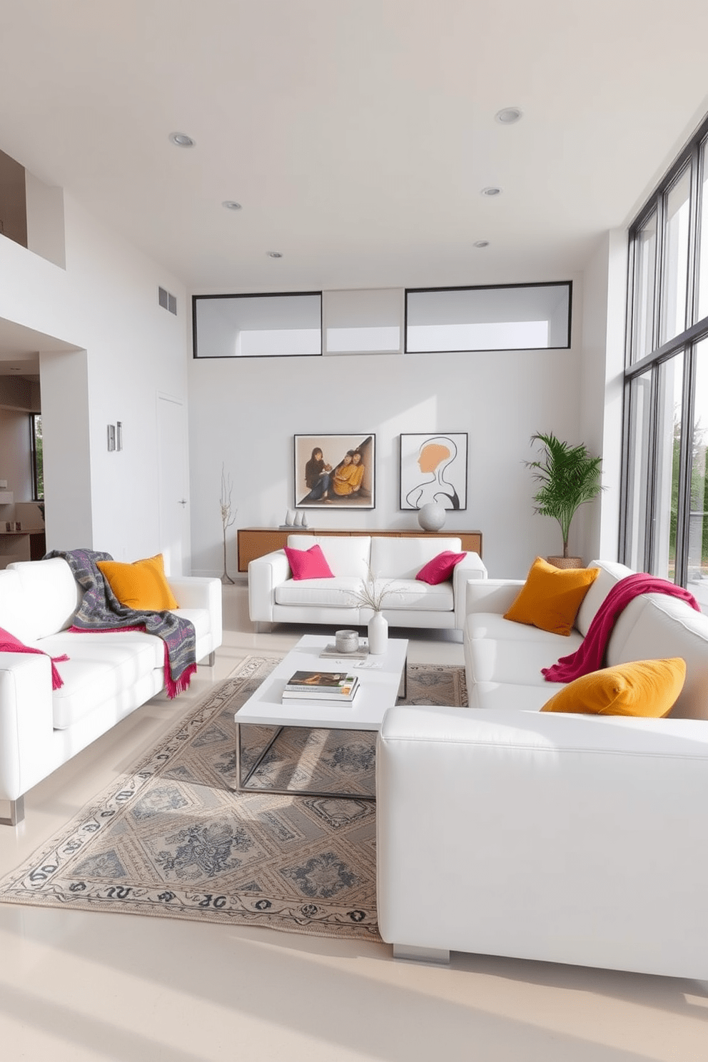 Contemporary white sofas are arranged in a spacious living room, accented with vibrant colorful throws draped over the arms. Large windows allow natural light to flood the space, highlighting the minimalist decor and sleek furnishings. The walls are painted in a soft neutral tone, creating a calming backdrop for the bold colors of the throws. A modern coffee table sits in the center, adorned with a few carefully selected decorative items and a stylish rug underneath.