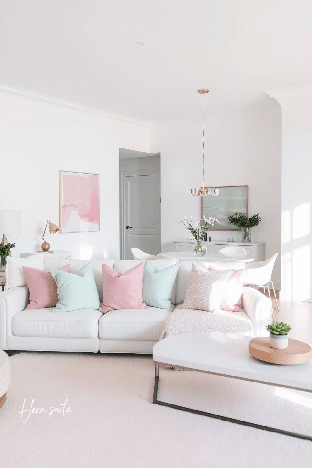 A bright and airy living space featuring a white sofa adorned with soft pastel throw pillows in shades of blush and mint. The walls are painted in a crisp white, complemented by pastel artwork that adds a touch of color to the room. In the dining area, a sleek white table is surrounded by pastel-colored chairs, creating a harmonious blend of elegance and comfort. A pastel-hued rug anchors the space, adding warmth and texture to the overall design.