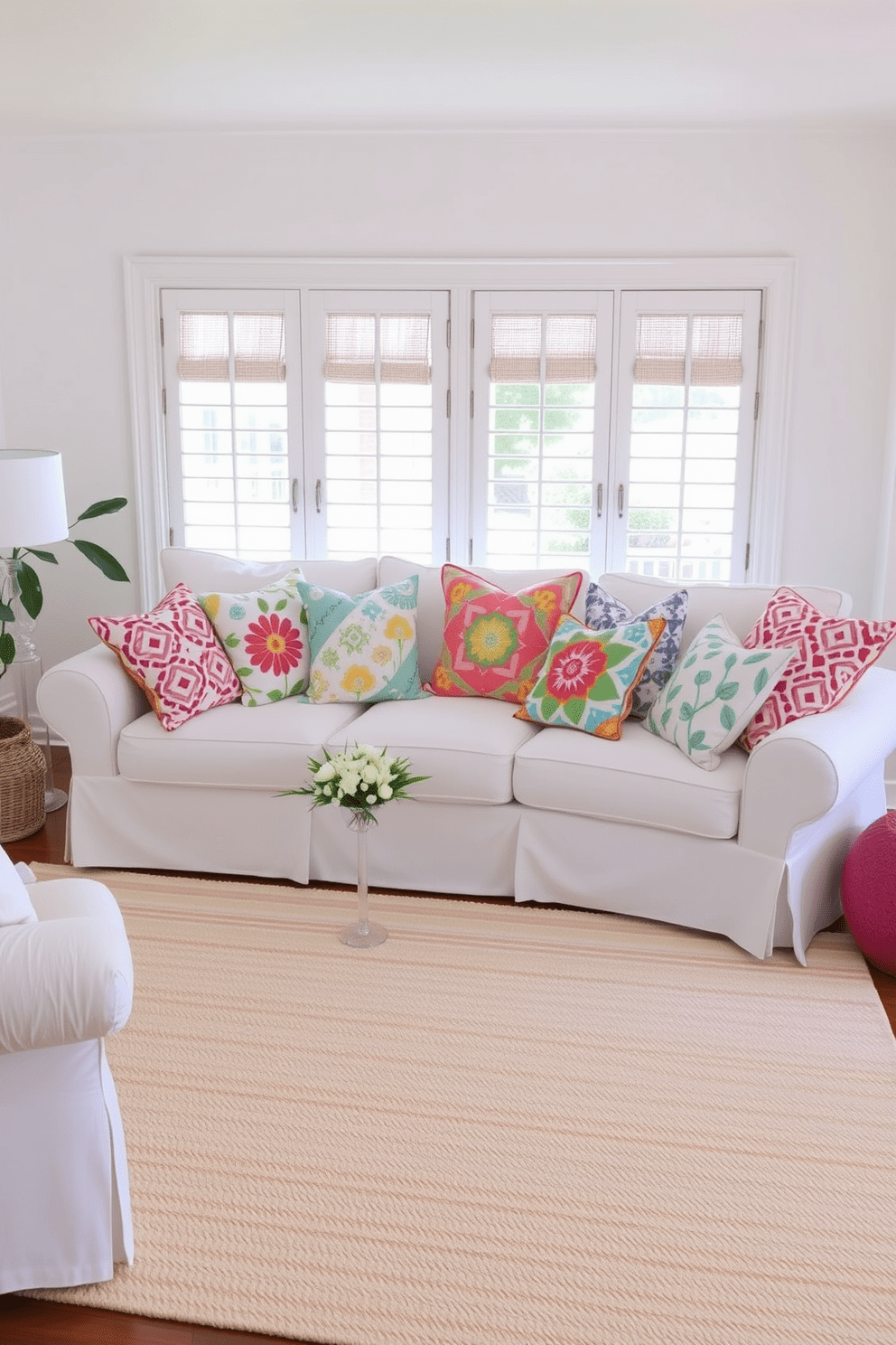 A bright and airy living room filled with playful patterns on white textiles. The sofa is adorned with vibrant throw pillows featuring geometric designs and floral motifs, creating a cheerful atmosphere. The walls are painted in a soft white hue, allowing the colorful patterns to stand out. A cozy area rug with a mix of stripes and polka dots anchors the seating area, adding warmth and texture to the space.