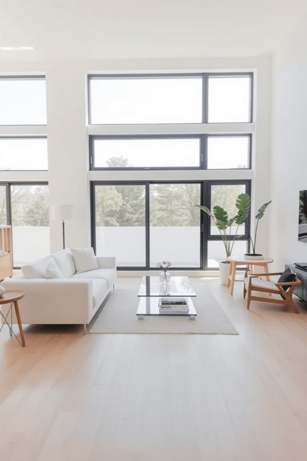 A bright and airy open layout featuring minimalist furniture. The space includes a sleek white sofa with clean lines, complemented by a glass coffee table and a simple wooden accent chair. The walls are painted in a soft white hue, enhancing the sense of openness. Large windows allow natural light to flood the room, highlighting the minimalist decor and light wooden flooring.