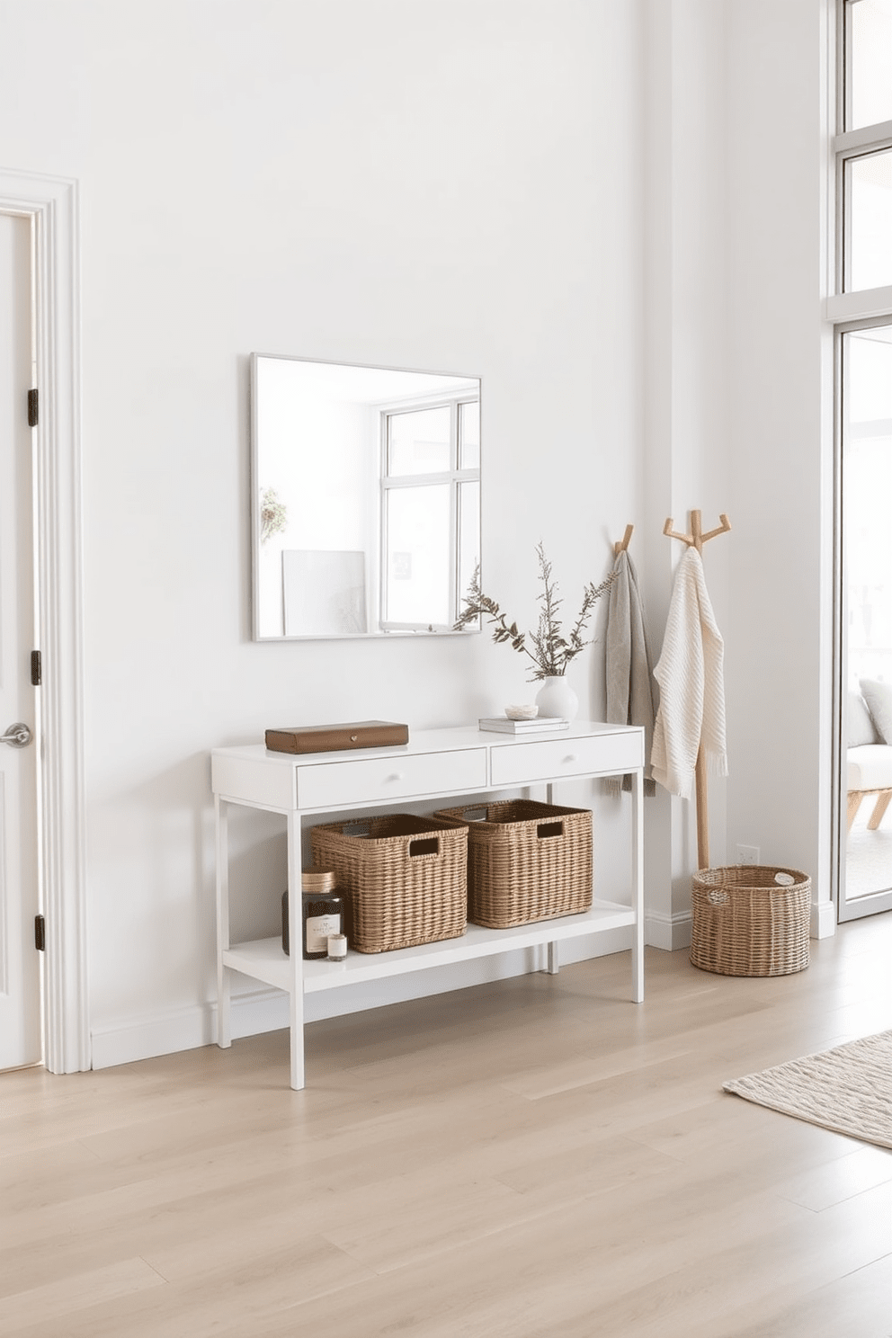 A bright and airy entryway features a sleek white console table against the wall, adorned with a decorative mirror above it. Stylish storage solutions include woven baskets and a minimalist coat rack, creating a functional yet chic space. The white apartment design embraces an open floor plan with large windows allowing natural light to flood in. Soft textures and neutral tones are complemented by pops of color through carefully chosen decor and artwork.