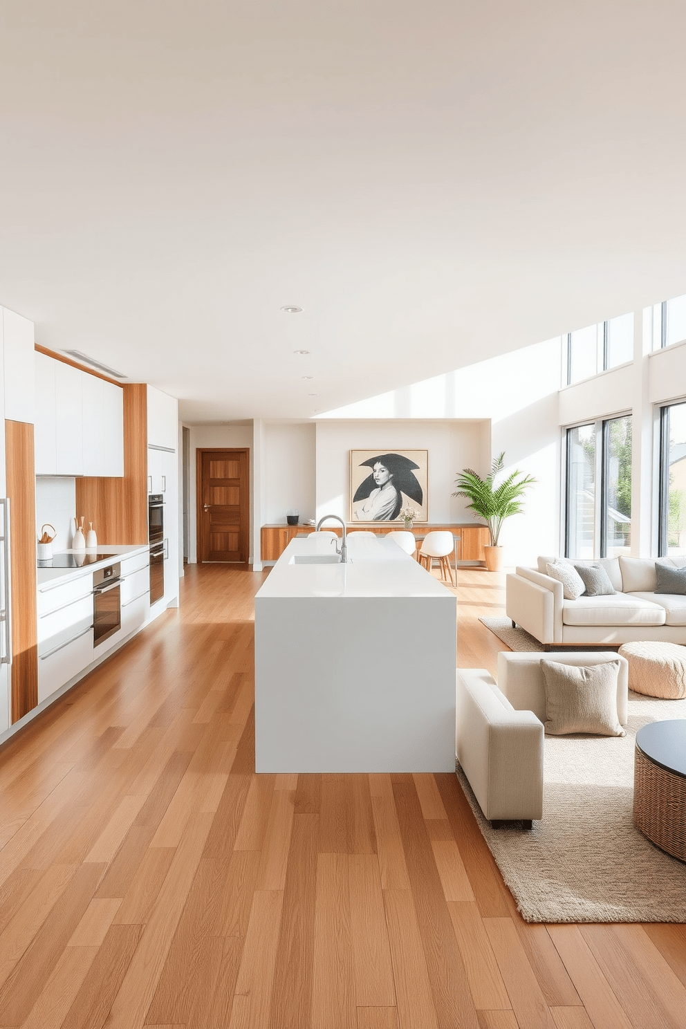 A bright white kitchen features sleek cabinetry with wooden accents that add warmth and texture. The countertops are a polished white stone, and a large island in the center provides ample space for cooking and entertaining. The open layout of the apartment emphasizes a modern aesthetic with minimalist furniture and soft neutral tones. Large windows allow natural light to flood the space, highlighting the elegant wooden flooring throughout.