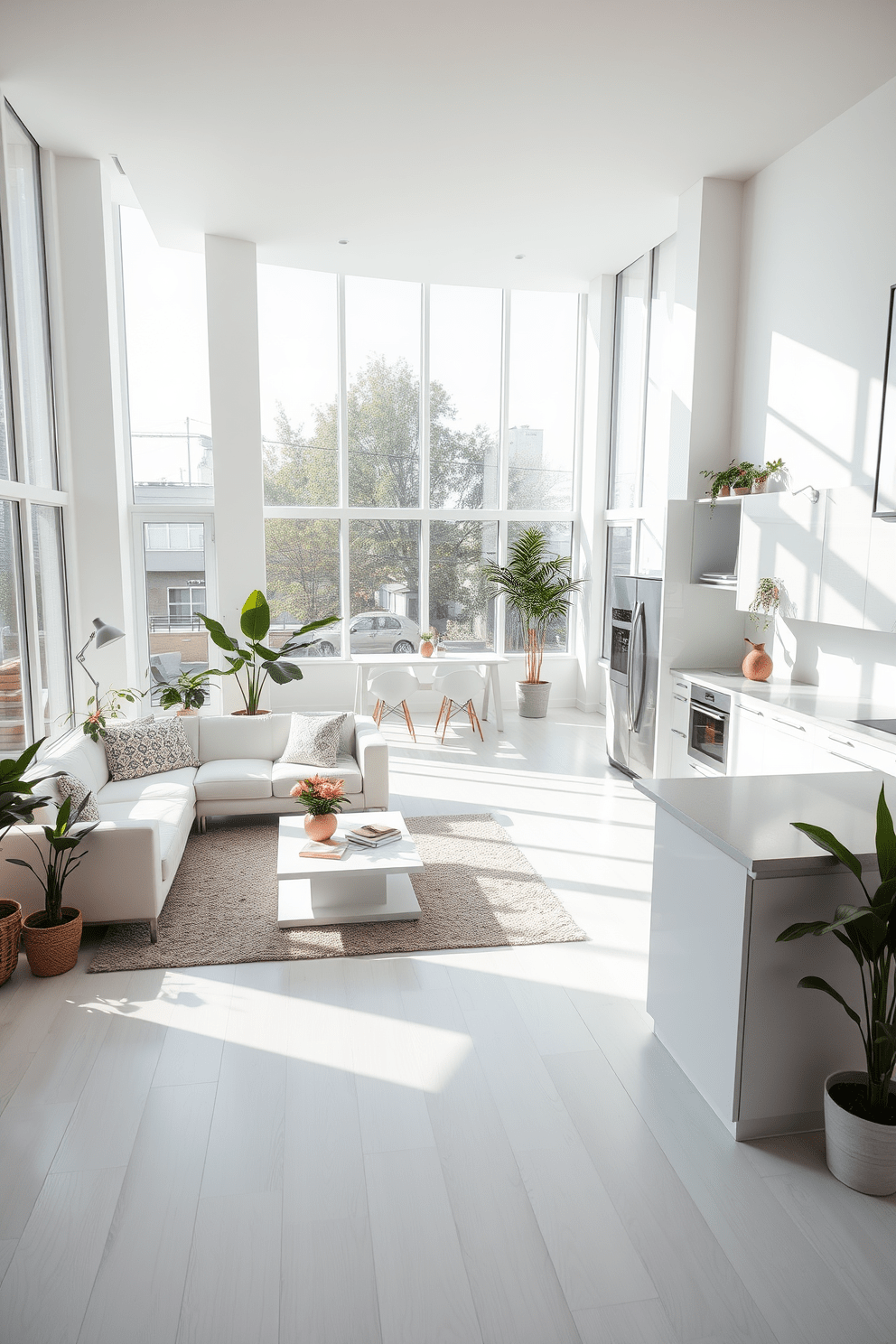 A bright and airy white apartment filled with natural light from large floor-to-ceiling windows. The open-plan living area features a sleek white sofa, a minimalist coffee table, and a soft area rug that adds warmth to the space. The kitchen boasts white cabinetry with stainless steel appliances and a large island that doubles as a breakfast bar. Potted plants are strategically placed throughout the apartment, enhancing the fresh and inviting atmosphere.