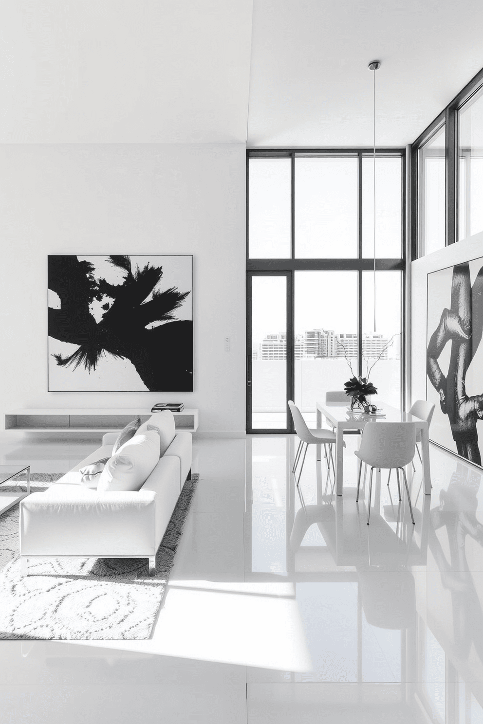 A sleek white apartment featuring a spacious open-plan living area with floor-to-ceiling windows that flood the space with natural light. The walls are adorned with large monochromatic art pieces that create visual interest and enhance the modern aesthetic. The living room includes a minimalist white sofa paired with a glass coffee table and a plush area rug in subtle shades of gray. In the dining area, a contemporary white table is surrounded by elegant chairs, complemented by a striking black-and-white artwork on the adjacent wall.