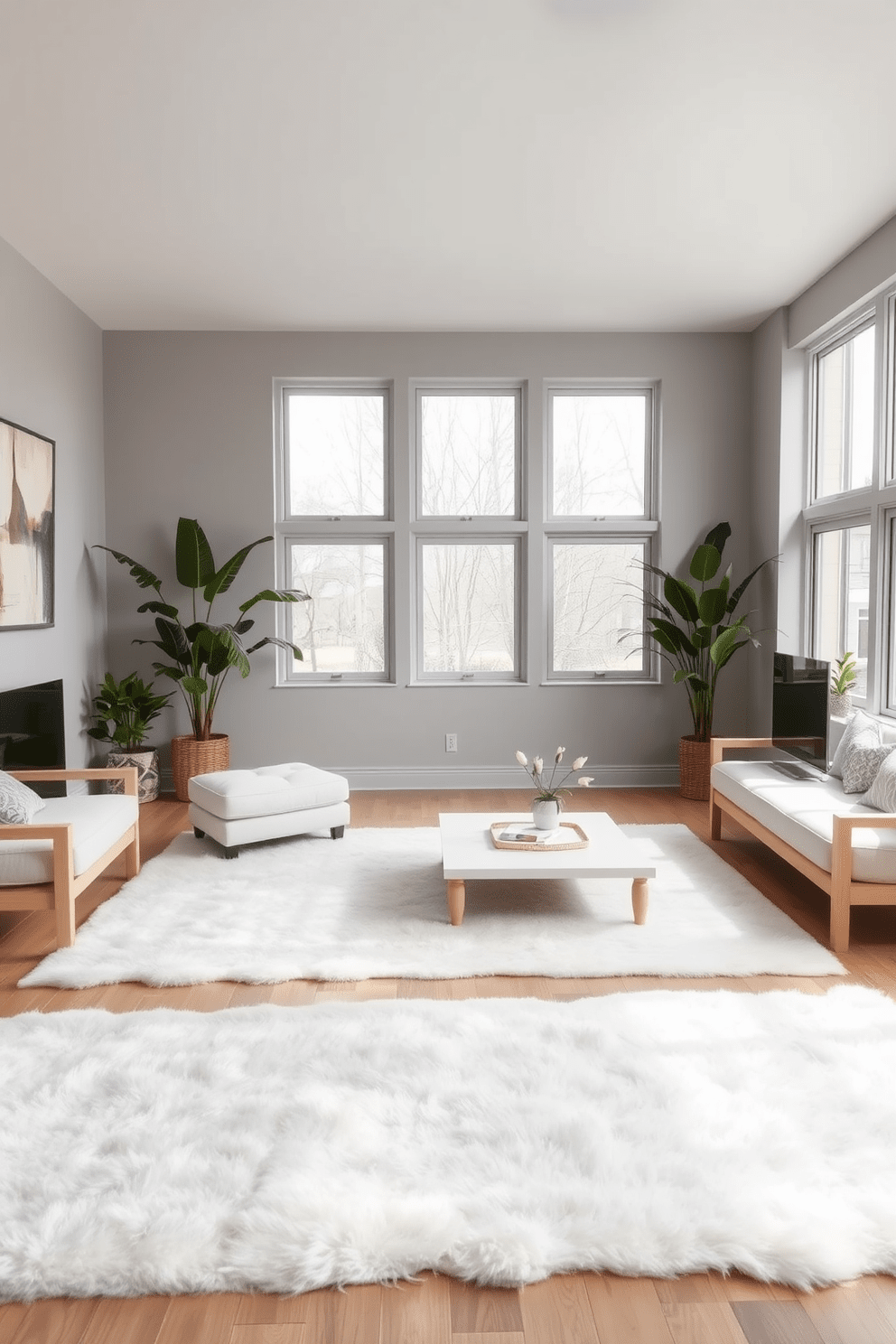 A serene living room featuring soft white rugs that add warmth and comfort to the space. The walls are painted in a soft gray hue, complemented by minimalist furniture in light wood tones. Large windows allow natural light to flood the room, enhancing the airy atmosphere. Decorative plants are strategically placed to bring a touch of nature indoors, while abstract art pieces adorn the walls for visual interest.