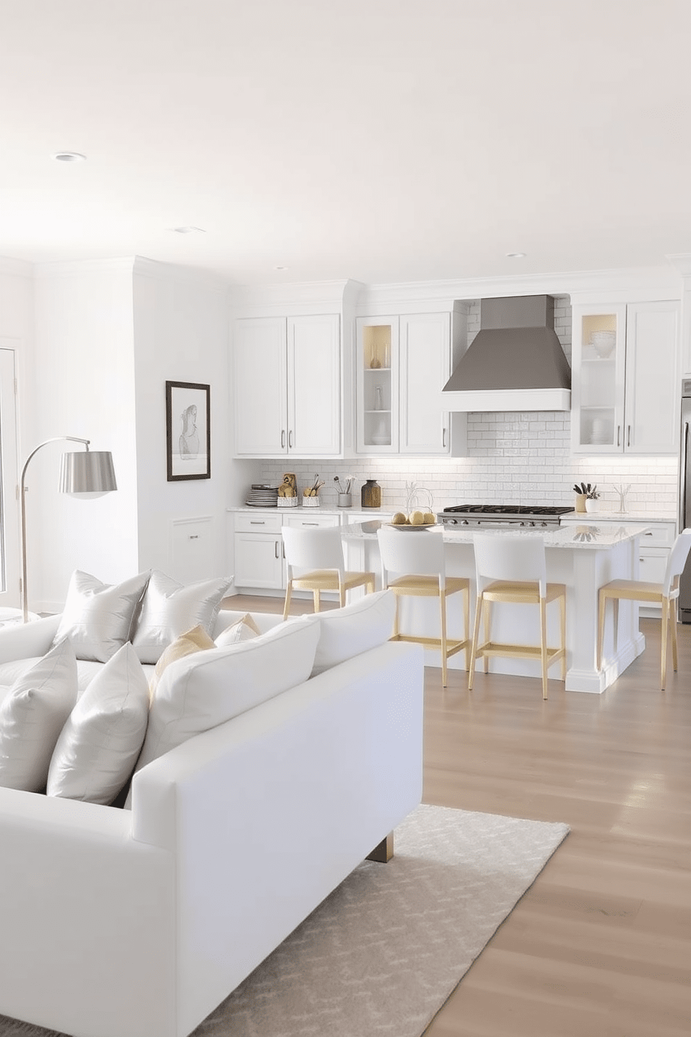 A bright and airy living space features a white color palette with a mix of brass and silver accents. The room includes a sleek white sofa adorned with metallic throw pillows, a glass coffee table with a brass base, and a silver floor lamp that adds a touch of elegance. The kitchen showcases white cabinetry paired with brushed nickel hardware and a stunning brass light fixture above the island. A unique backsplash combines white subway tiles with metallic accents, creating a cohesive and stylish atmosphere.