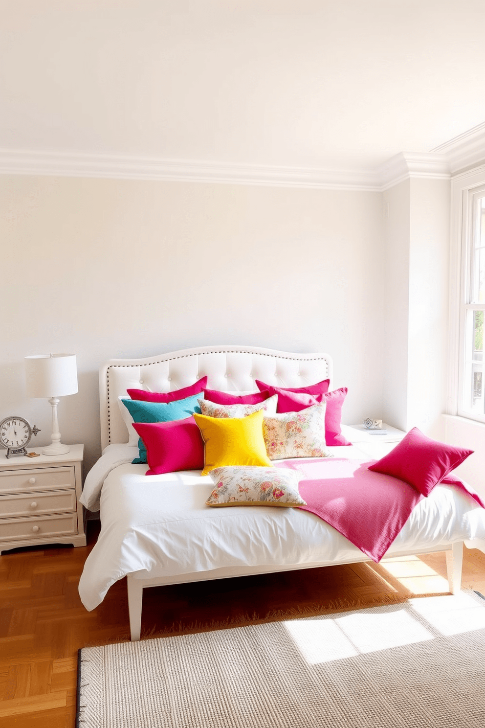 A bright and airy bedroom featuring white bedding adorned with an array of colorful throw pillows in vibrant hues. The walls are painted in a soft pastel shade, complementing the overall light and cheerful atmosphere of the space. The room includes a stylish white bed frame with a plush headboard and matching nightstands on either side. Large windows allow natural light to flood the space, enhancing the cozy and inviting feel of the apartment design.