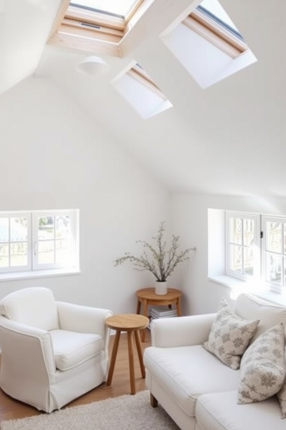 Cozy white reading nook with skylights. The space features a plush white armchair and a small wooden side table, bathed in natural light from the skylights above. White attic room design ideas. The room is adorned with sloped ceilings and large windows, showcasing a minimalist aesthetic with soft white furnishings and warm wooden accents.