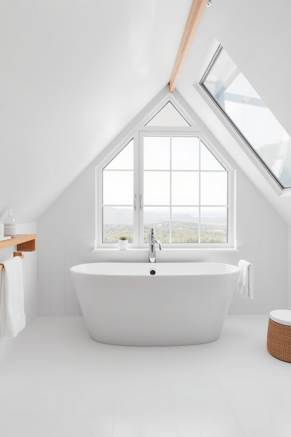 A modern white bathroom features a sleek freestanding tub positioned beneath a large window that allows natural light to flood the space. The walls are adorned with minimalist white tiles, and a stylish wooden shelf holds neatly arranged toiletries and decorative items. The white attic room design incorporates sloped ceilings with exposed beams, creating a cozy yet spacious atmosphere. Soft, neutral furnishings complement the light color palette, while large windows provide stunning views and ample natural light.