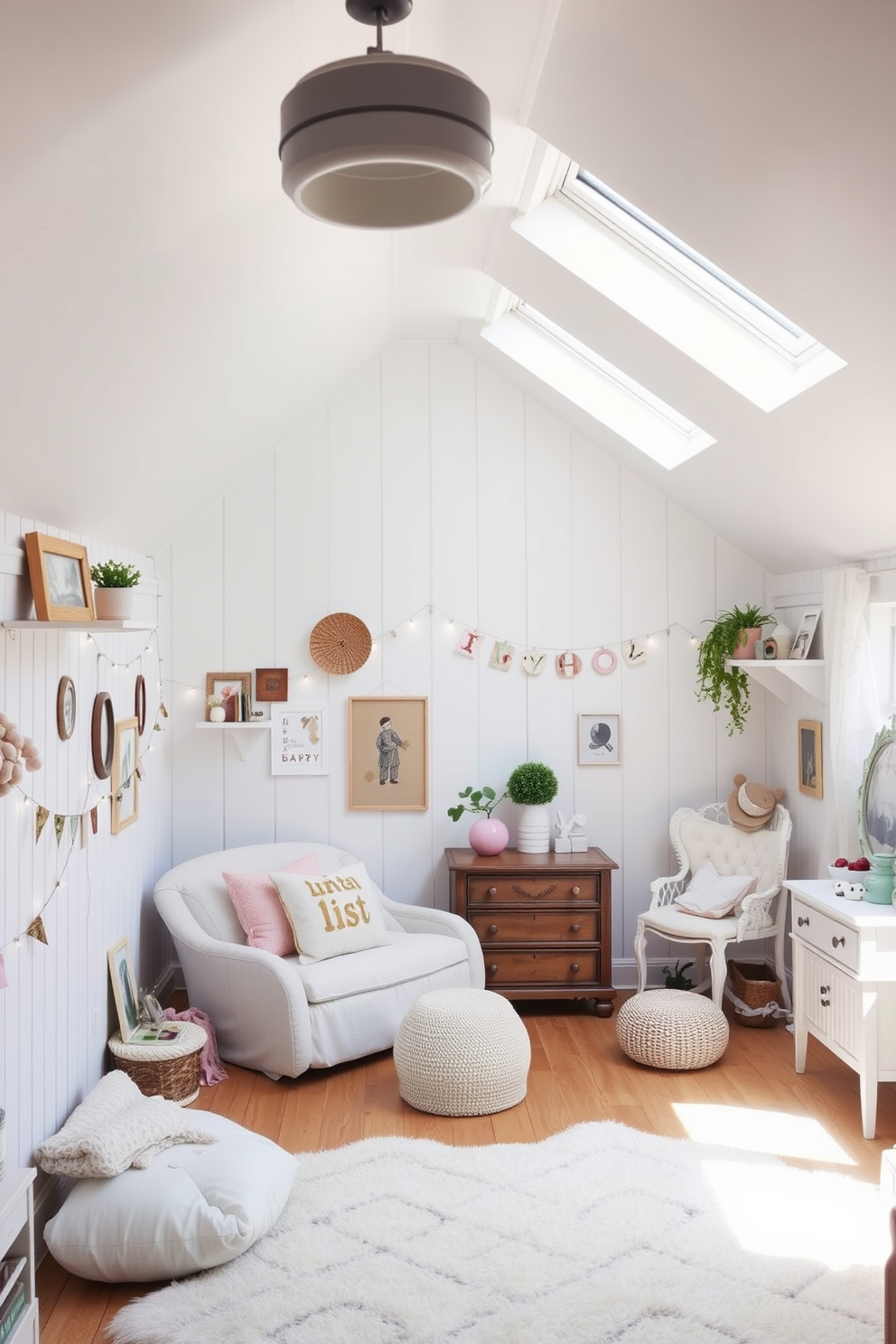 A whimsical white children's room filled with soft pastel accents and playful decor. The walls are adorned with fairy lights that twinkle softly, creating a magical atmosphere for play and rest. An inviting attic room designed with cozy nooks and sloped ceilings. The space features a blend of vintage furniture and modern touches, with natural light streaming in through skylights, enhancing its charm.