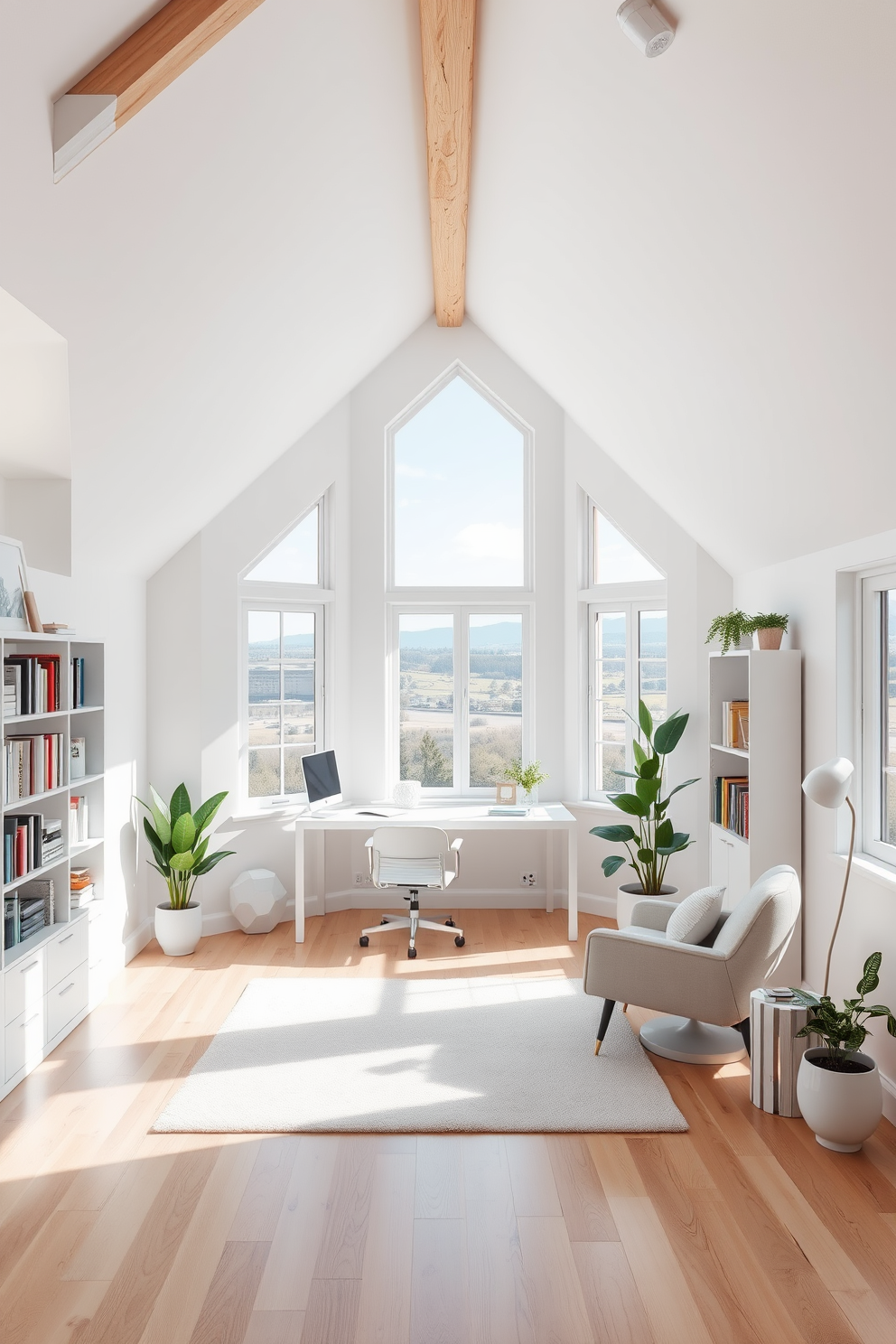 A contemporary white home office features a sleek desk nook with a minimalist design. The walls are painted in a crisp white, and natural light floods the space through large windows, creating an airy atmosphere. The room is furnished with a modern desk and a comfortable ergonomic chair, complemented by a stylish bookshelf filled with books and decorative items. A soft area rug adds warmth to the polished wooden floor, while potted plants bring a touch of nature indoors. The white attic room design showcases sloped ceilings with exposed wooden beams that add character to the space. A cozy reading corner is created with a plush armchair and a small side table, perfect for relaxing with a book. The walls are painted in a soft pastel hue, enhancing the room's brightness. Strategically placed lighting fixtures provide a warm glow, while large windows offer stunning views of the surrounding landscape.