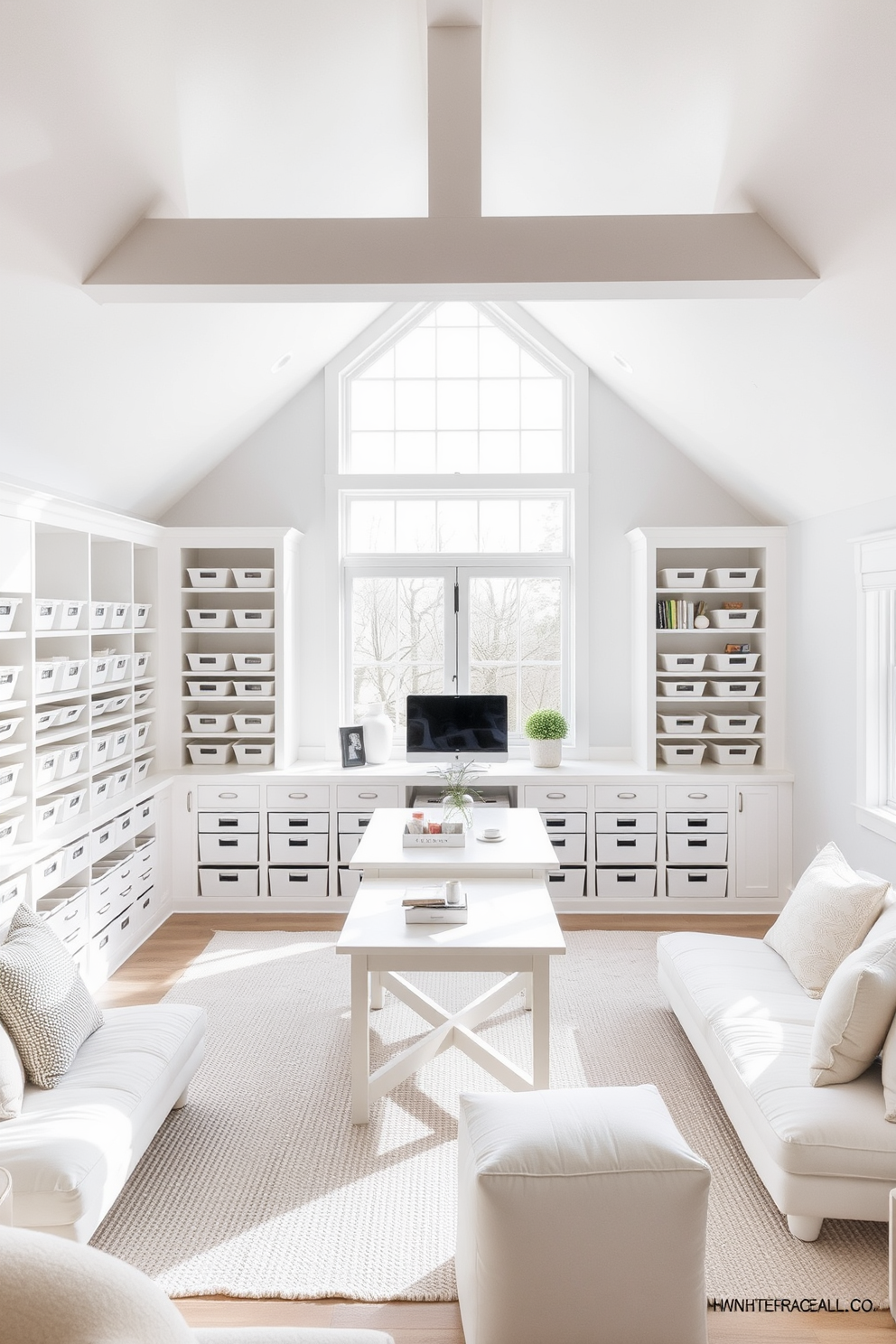 Bright white craft room with organized storage. The room features built-in shelves filled with neatly labeled bins and a large central table for crafting activities. White attic room design ideas. The space is adorned with sloped ceilings, large windows allowing natural light, and cozy seating areas with soft cushions.