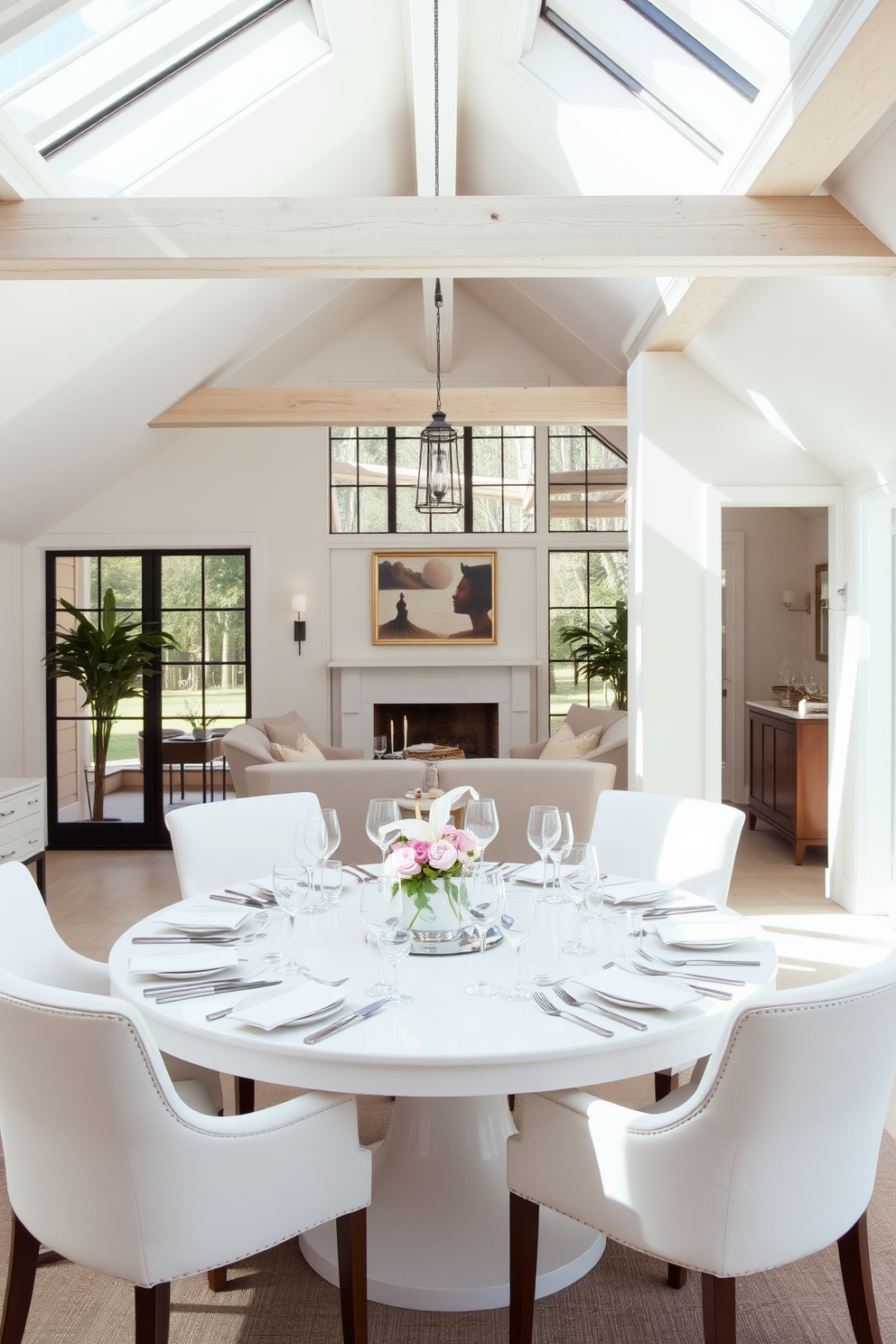 A sophisticated white dining area features large windows that allow natural light to flood the space. The table is elegantly set with fine china and crystal glassware, surrounded by plush upholstered chairs. The white attic room design incorporates sloped ceilings and exposed beams, creating a cozy yet stylish atmosphere. Soft textiles and a neutral color palette enhance the inviting feel of this unique space.