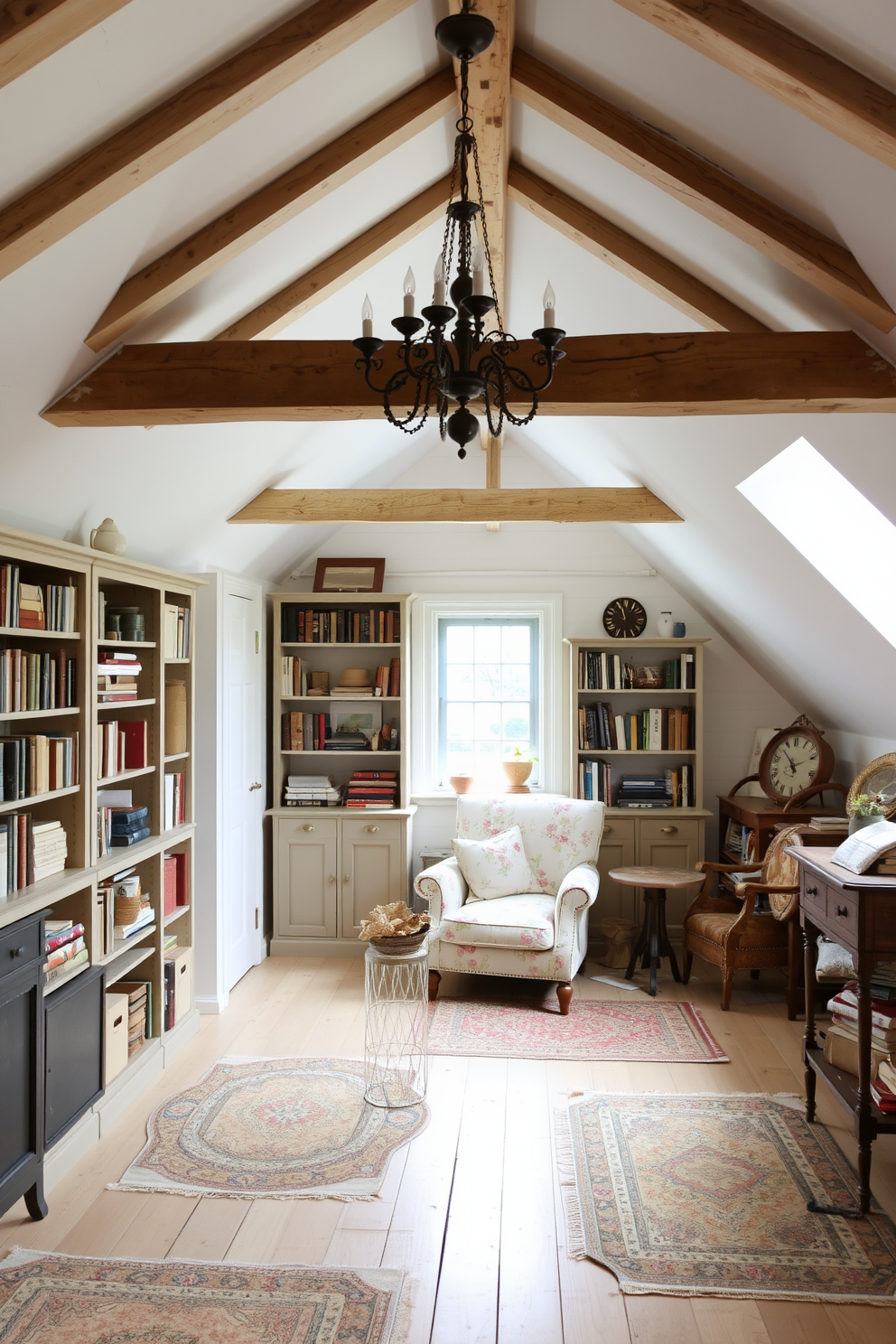 A charming white attic filled with vintage decor. The sloped ceilings are painted in a soft white, creating an airy atmosphere, while exposed wooden beams add character. A cozy reading nook is set up in one corner, featuring a plush armchair upholstered in a floral pattern. Antique bookshelves line the walls, filled with well-loved books and decorative trinkets. A vintage chandelier hangs from the ceiling, casting a warm glow over the space. Soft, patterned rugs cover the wooden floor, providing warmth and texture to the room.