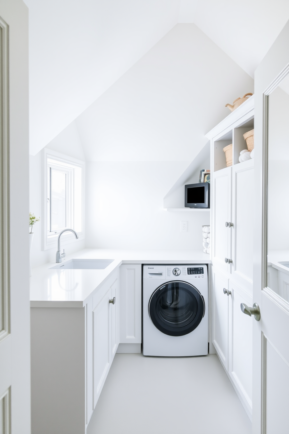 A functional white laundry room with smart storage features a large white countertop for folding clothes and built-in cabinets that maximize space. The room is illuminated by natural light from a window, and sleek appliances fit seamlessly into the design. For the white attic room design, consider a cozy and inviting space with sloped ceilings painted in a soft white hue. The room includes a comfortable seating area with plush cushions and a small desk tucked under the eaves, creating a perfect retreat for relaxation or work.